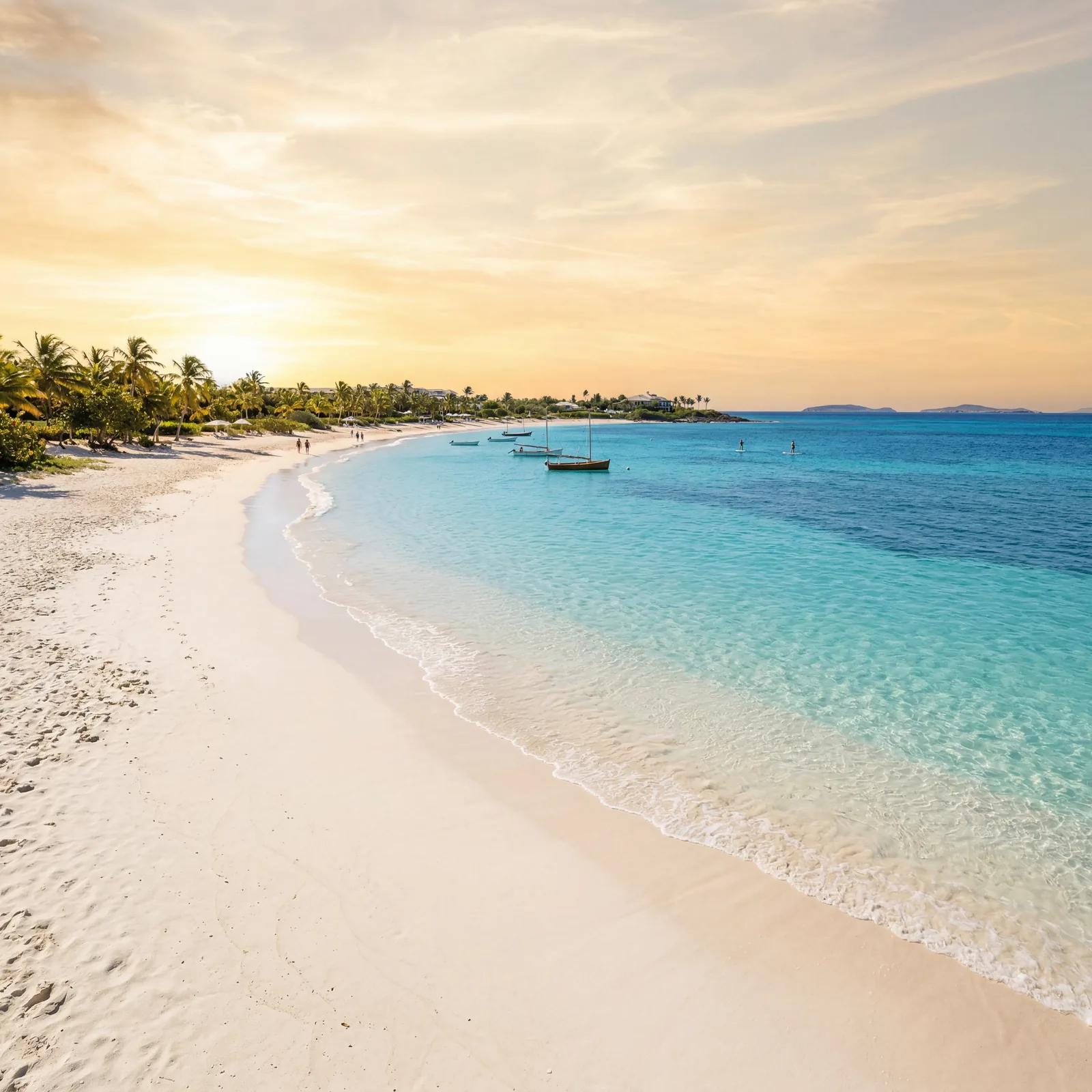 Shoal Bay Anguilla with pristine white sand and shallow turquoise water, photorealistic, warm editorial travel photography, golden hour, no text, no watermark, 16:9