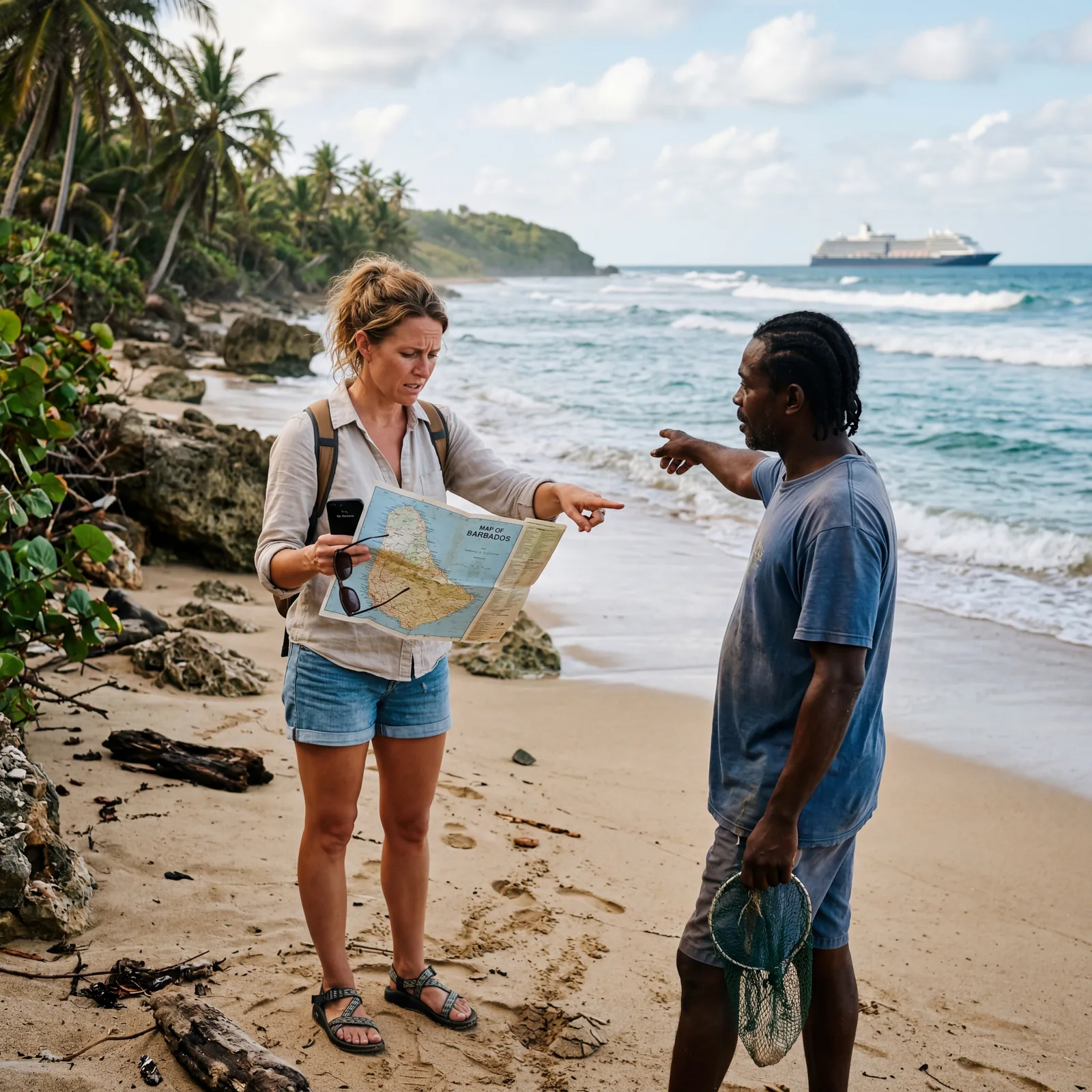 Tourist with no phone signal at a remote beach in a Caribbean port, ship just visible on the horizon, trying to get directions, editorial travel photography, photorealistic, no text, no watermark, 16:9