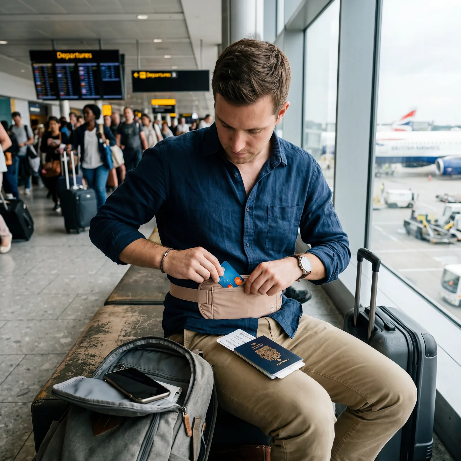 Traveler placing a spare credit card into a hidden travel money belt, passport visible, airport setting, photorealistic, editorial travel photography, no text, no watermark, 16:9