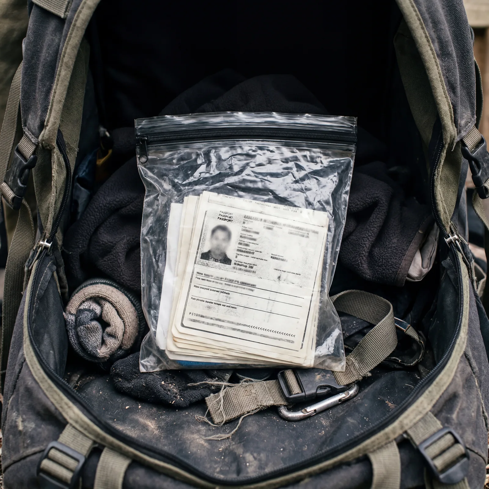 A folded set of photocopied travel documents inside a waterproof zip bag, stored in the bottom of a backpack, photorealistic, no text, no watermark, 16:9