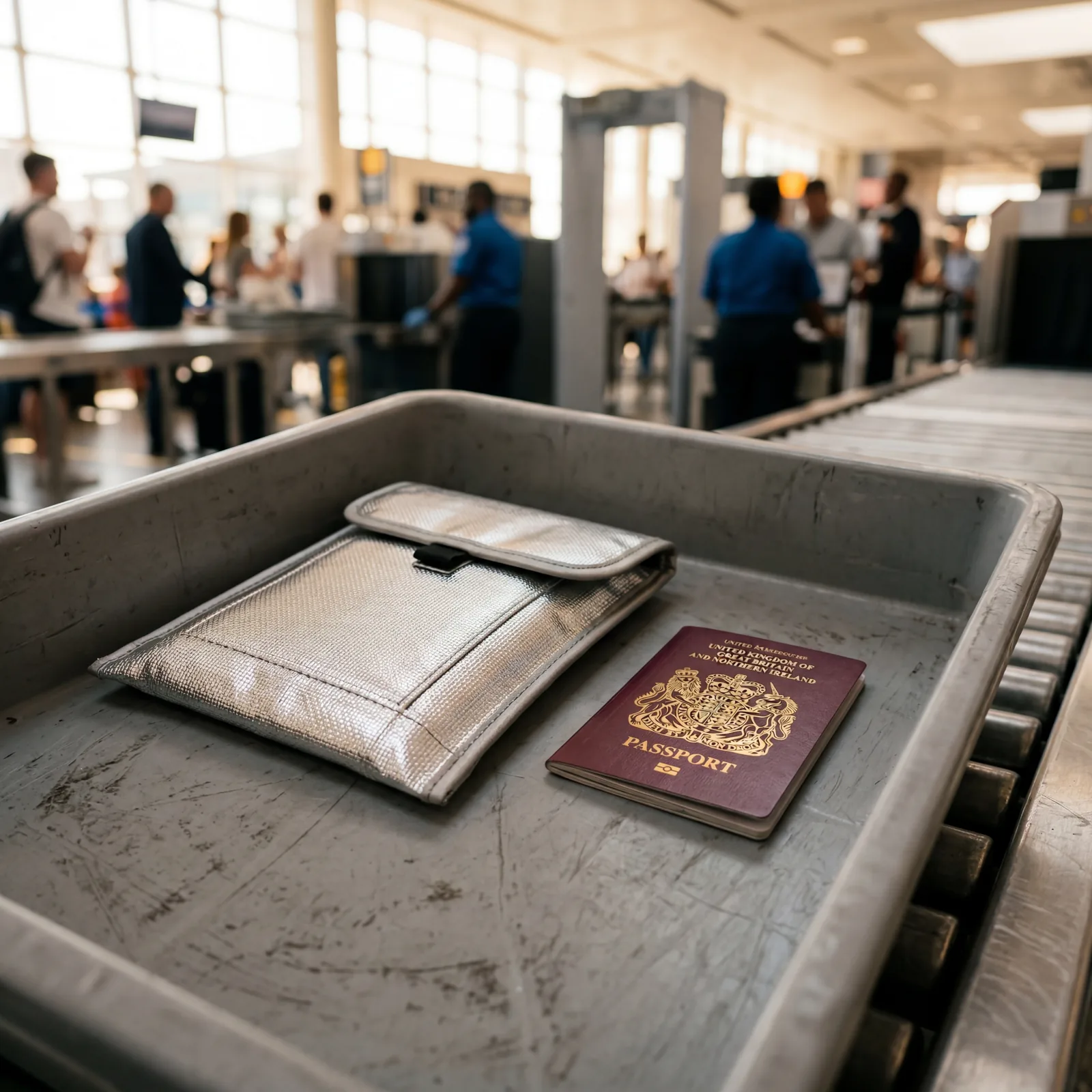 A silver metallic Faraday pouch next to a passport on an airport security tray, photorealistic, warm editorial photography, bright lighting, no text, no watermark, 16:9