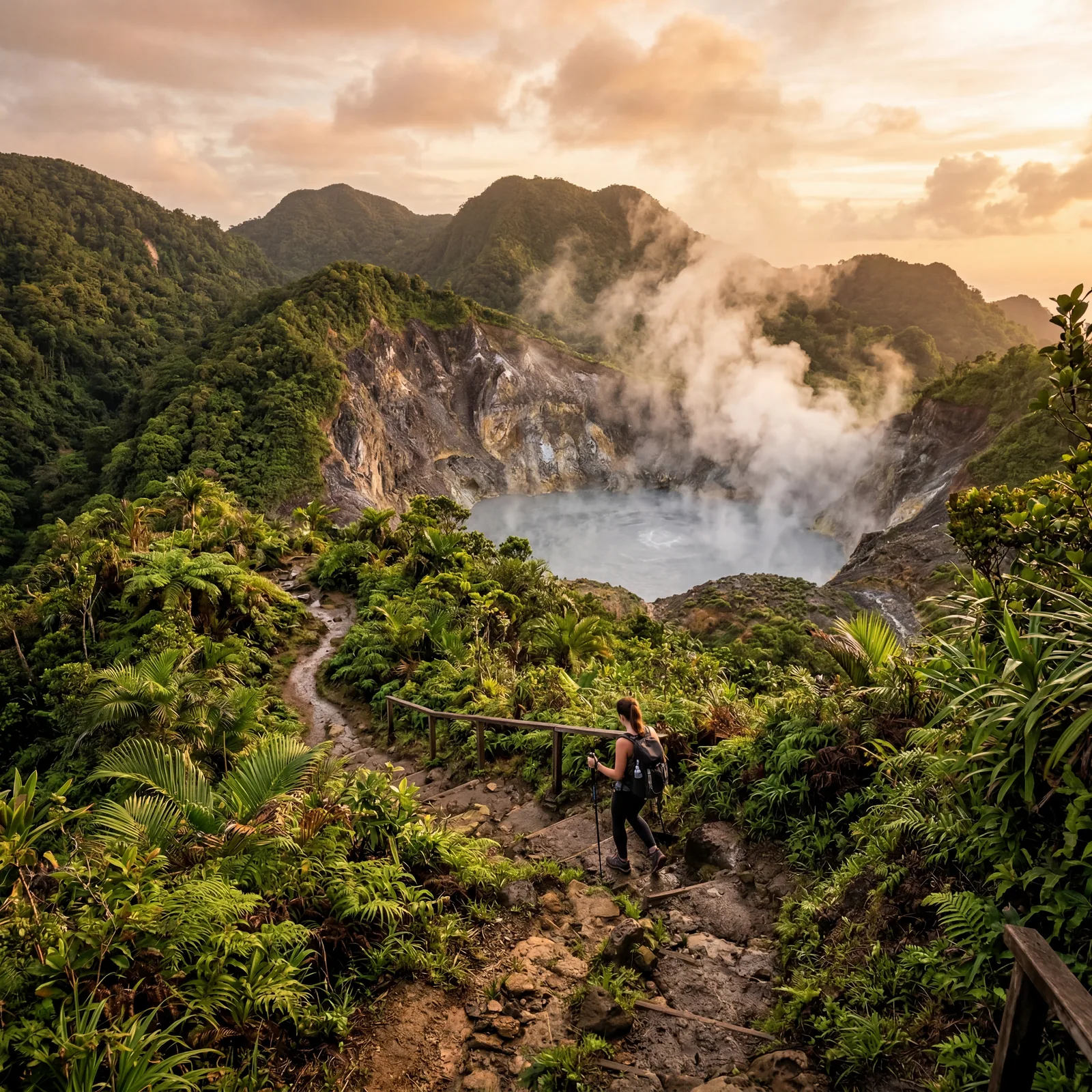 Boiling Lake Dominica jungle trail with volcanic landscape, photorealistic, warm editorial travel photography, golden hour, no text, no watermark, 16:9