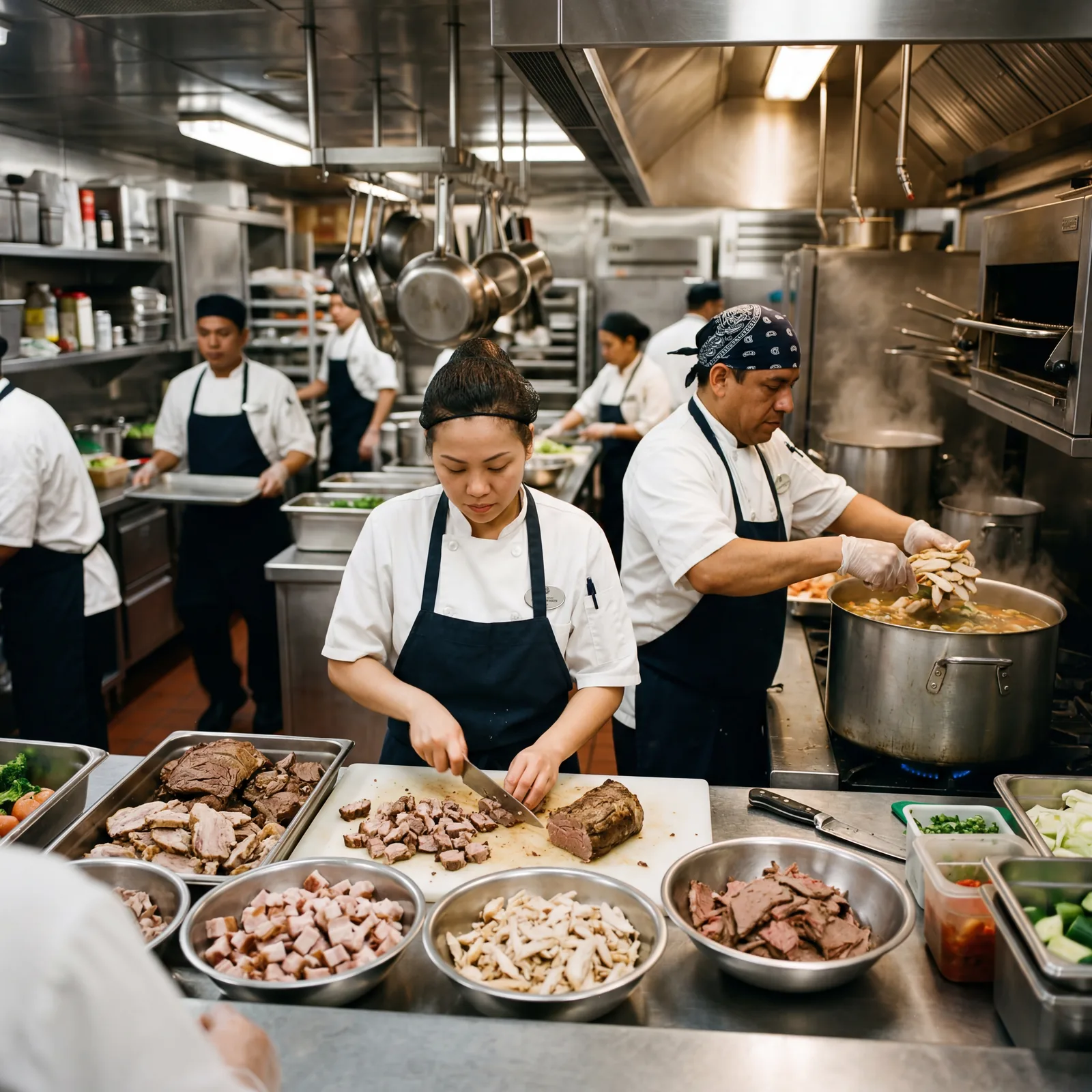 Cruise ship galley crew repurposing leftover dinner proteins into next-day staff or soup ingredients, busy kitchen, photorealistic, cinematic, no text, no watermark, 16:9