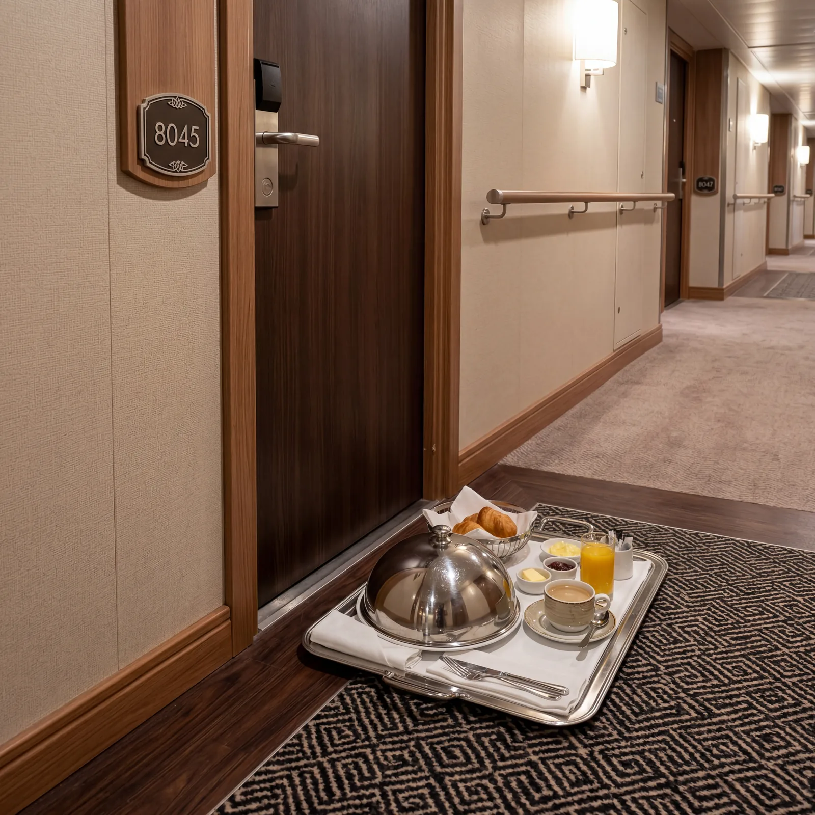 Cruise ship room service tray delivered to cabin door, simple breakfast or light meal items covered with cloche, orderly presentation, cabin corridor, photorealistic, no text, no watermark, 16:9