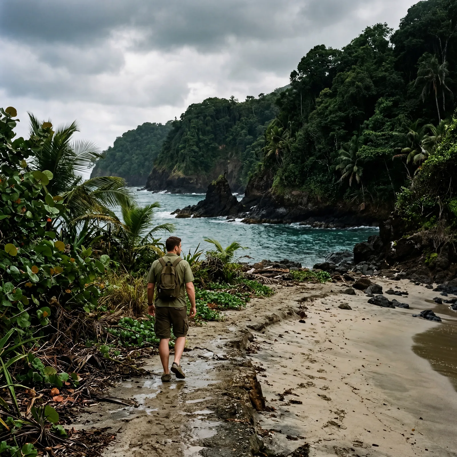 Cruise tourist walking alone into a remote beach area of a Caribbean island with no other tourists visible, warning atmosphere, photorealistic, editorial travel photography, no text, no watermark, 16:9