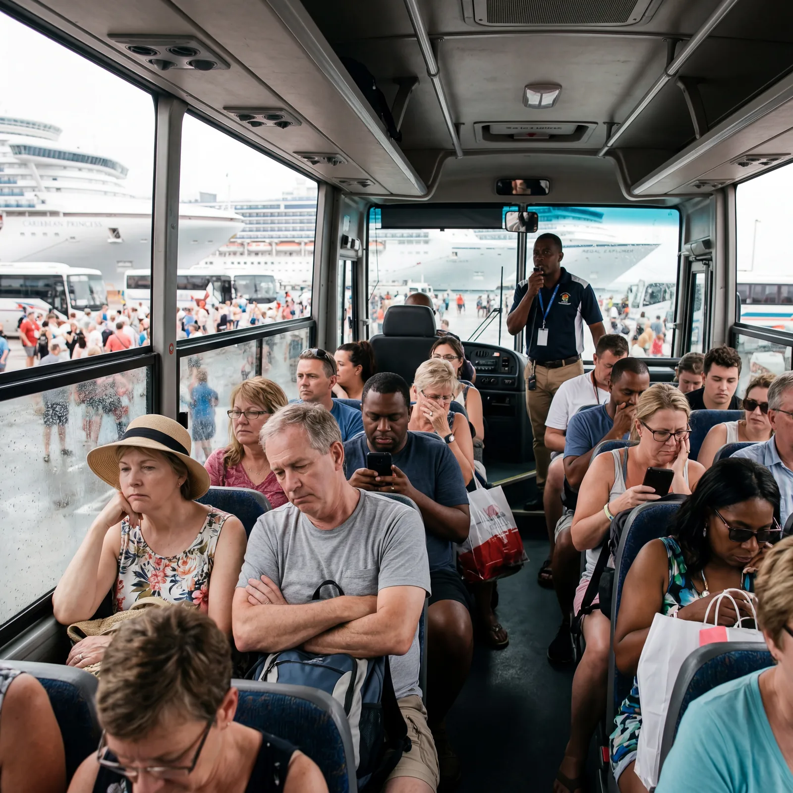 Disappointed tourists on an overcrowded tourist bus at a popular Caribbean port stop, no individual experience possible, tour guide speaking through a microphone, editorial travel photography, photorealistic, no text, no watermark, 16:9