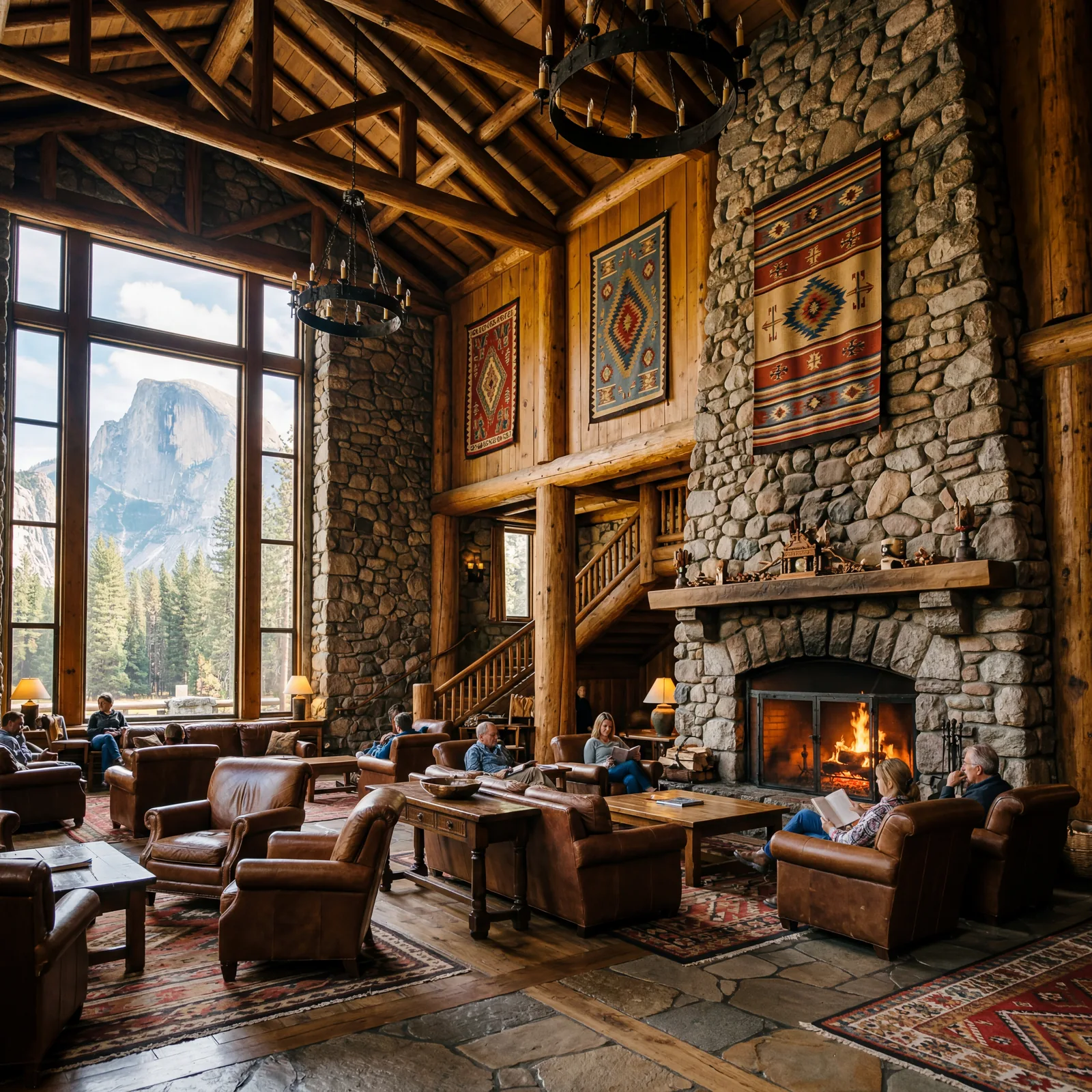Grand stone and timber hotel interior in Yosemite Valley with soaring Great Lounge, massive stone fireplace, Native American tapestries, warm editorial travel photography, photorealistic, no text, no watermark, 16:9