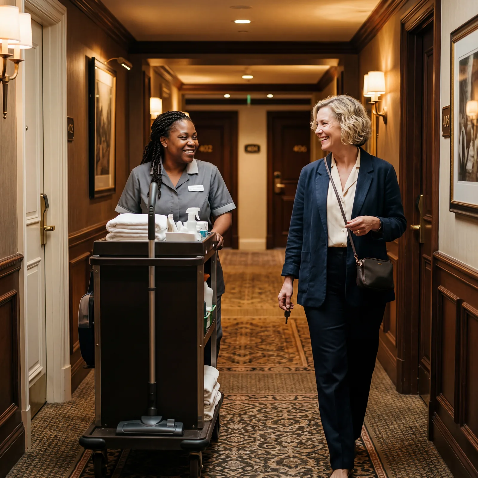 Hotel hallway, American guest making eye contact and smiling at housekeeper pushing cleaning cart, warm hotel corridor lighting, warm editorial travel photography, photorealistic, no text, no watermark, 16:9