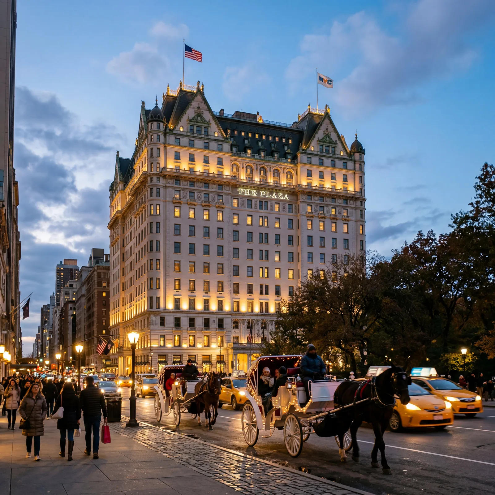 Iconic white and gold Plaza Hotel facade at Central Park South in New York City at dusk with horse carriages, warm editorial travel photography, photorealistic, no text, no watermark, 16:9