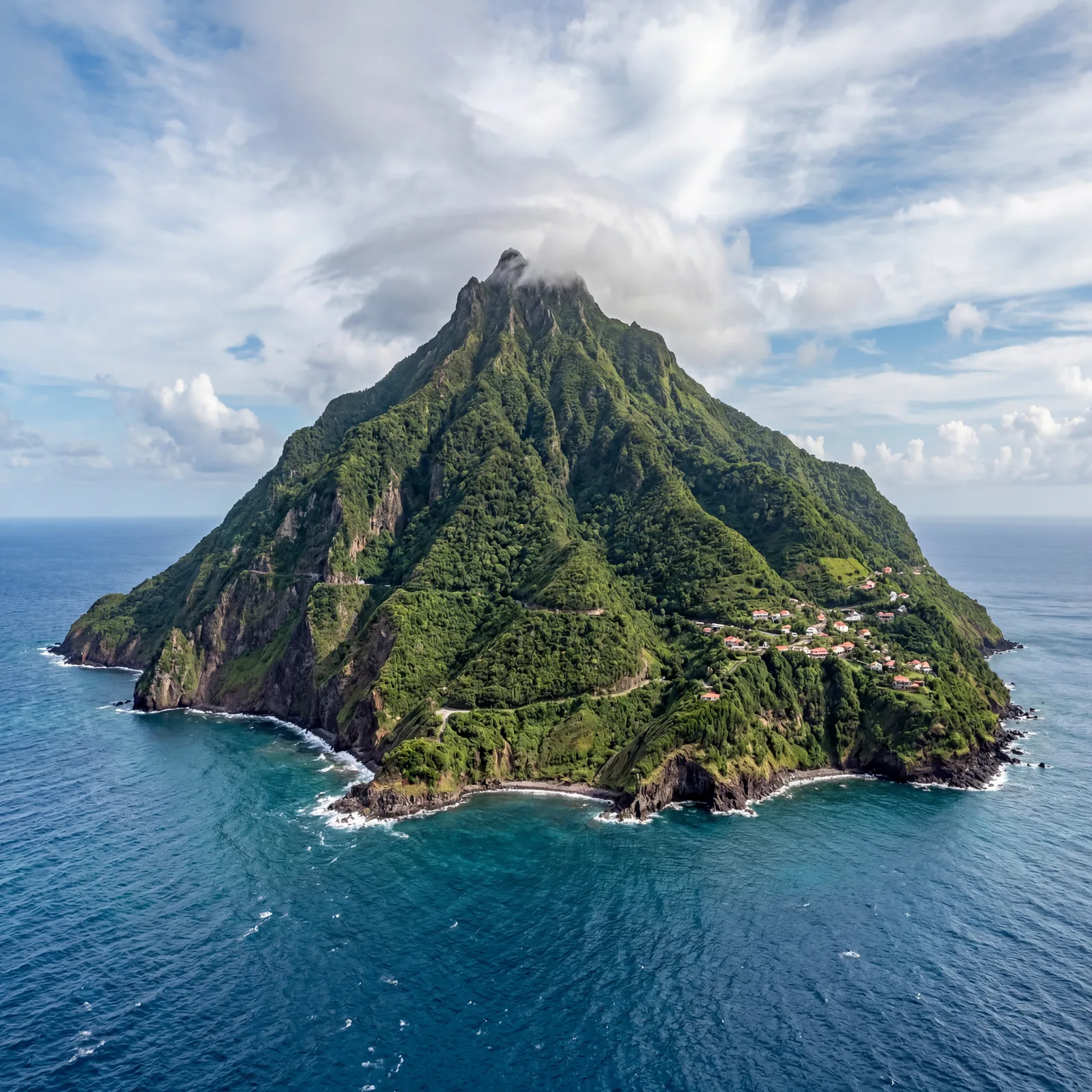 Saba island Netherlands Antilles dramatic volcanic peak rising from Caribbean Sea, lush steep green slopes, photorealistic, no text, no watermark, 16:9