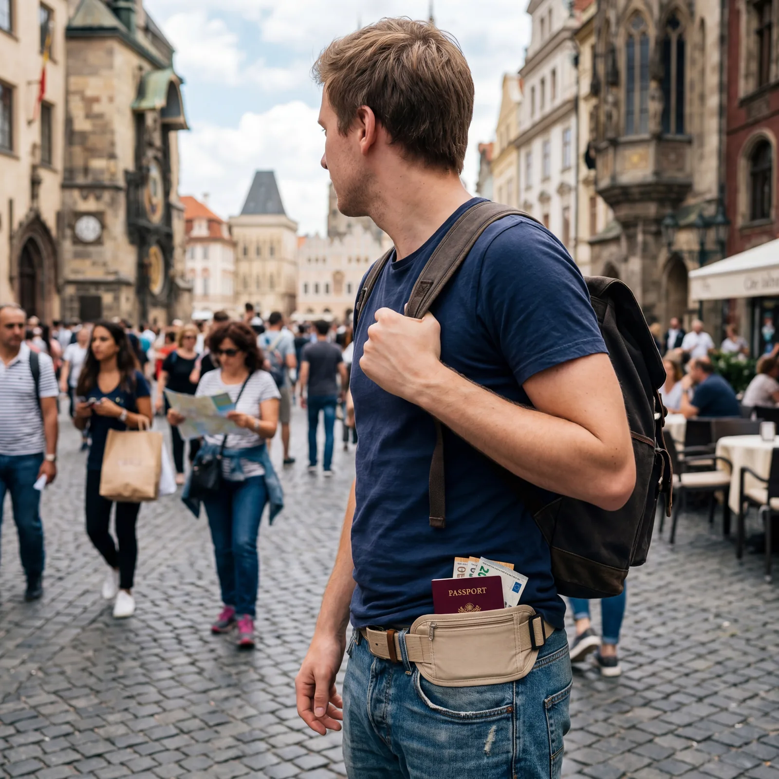 Slim money belt worn under clothing with just a corner of passport and bills visible, worn by a traveler in a busy European square, photorealistic, no text, no watermark, 16:9