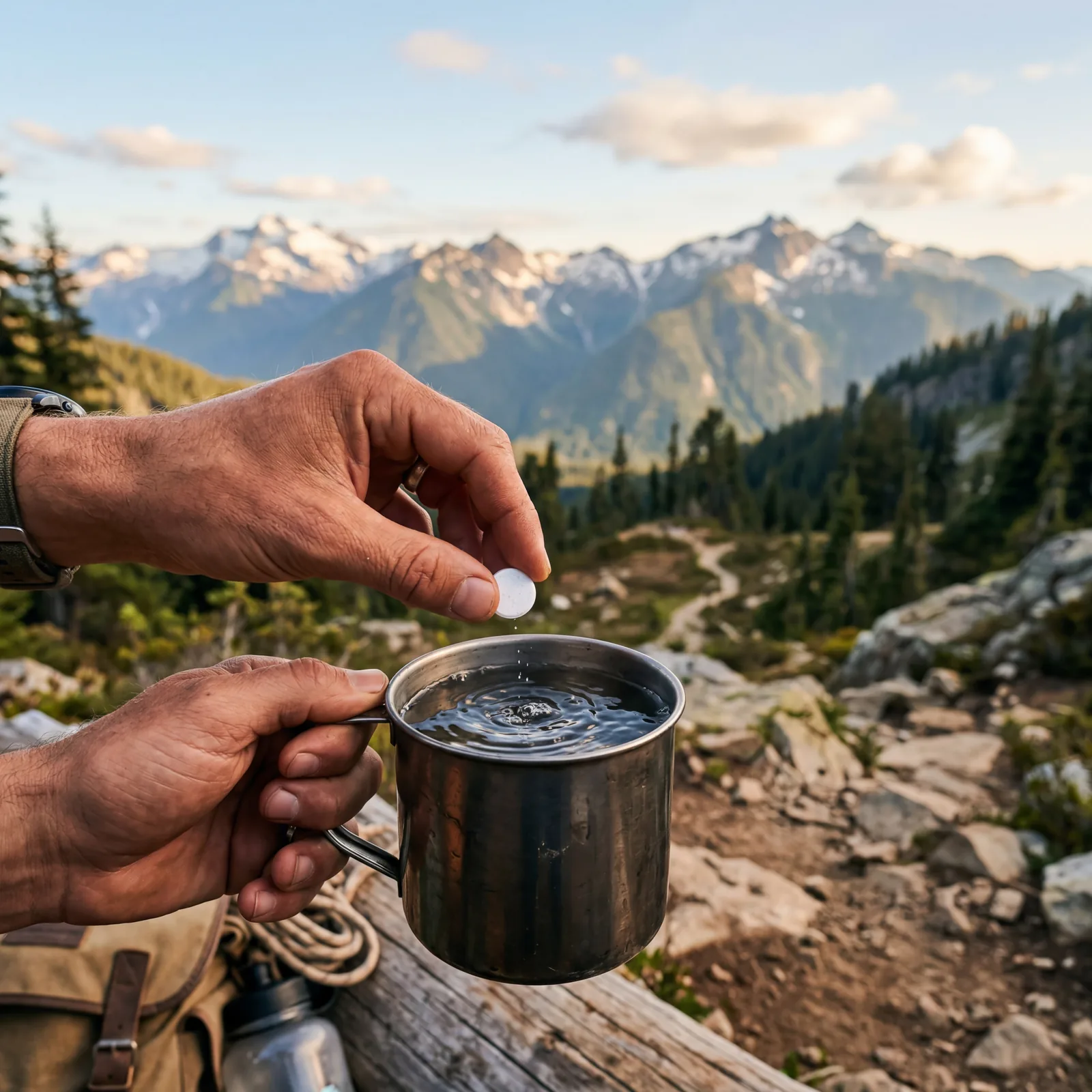 A hand dropping a water purification tablet into a metal cup of water, outdoor travel setting, mountain backdrop, photorealistic, warm editorial photography, no text, no watermark, 16:9