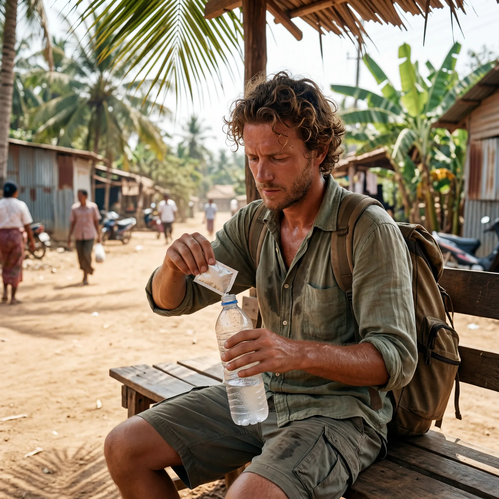 A traveler dissolving an ORS sachet into a water bottle in a hot outdoor setting, tropical location, photorealistic, no text, no watermark, 16:9