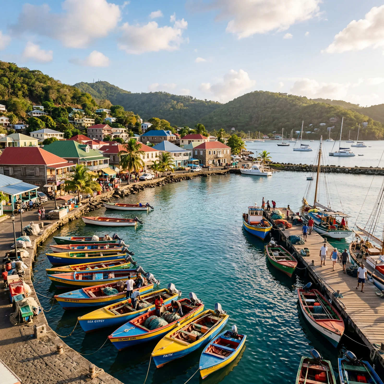 Bequia island port Elizabeth with colorful wooden fishing boats and small Caribbean town, warm afternoon light, photorealistic, no text, no watermark, 16:9