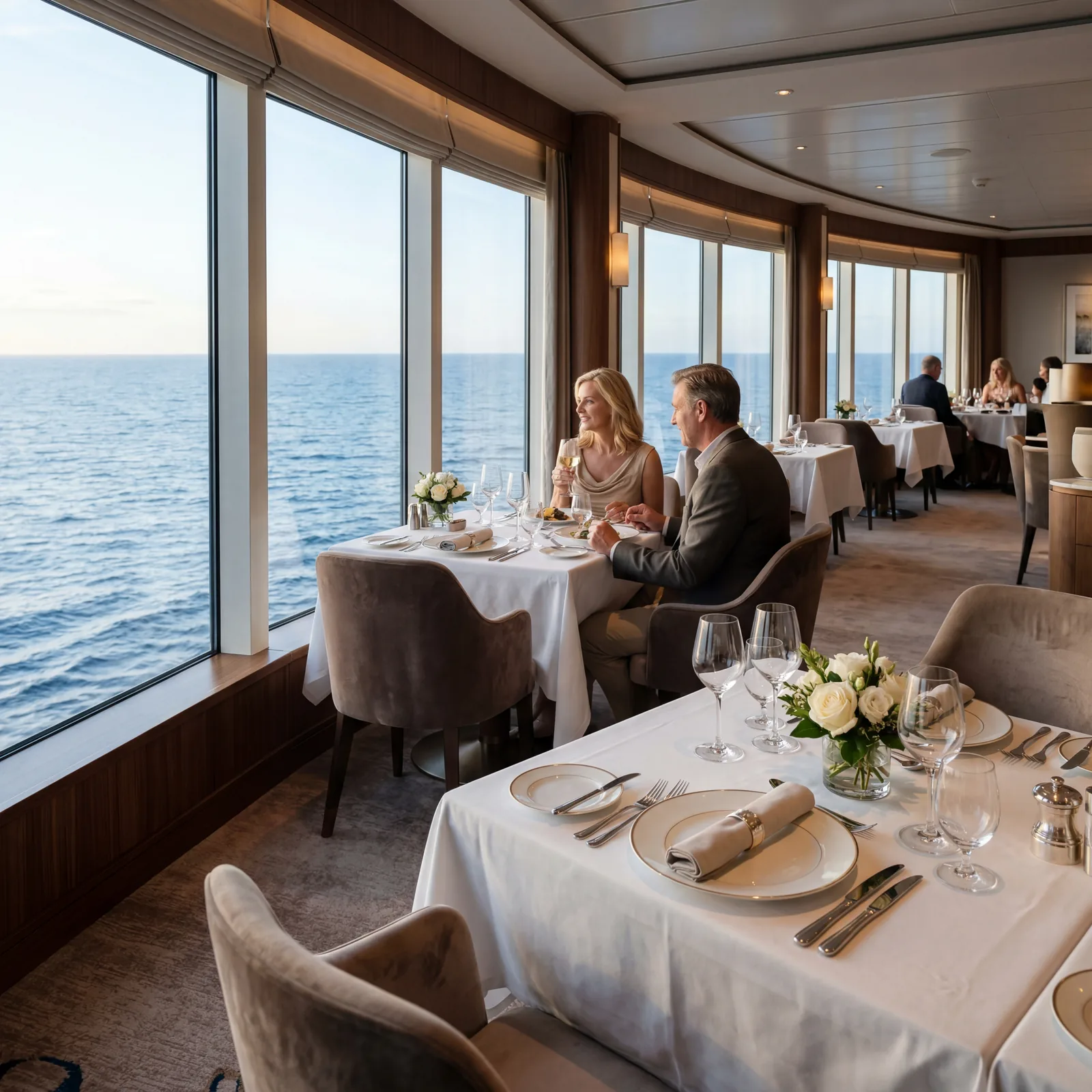 Best tables in a cruise ship main dining room near large windows with ocean views, elegant table setting, few passengers visible, quiet early seating, editorial travel photography, photorealistic, no text, no watermark, 16:9