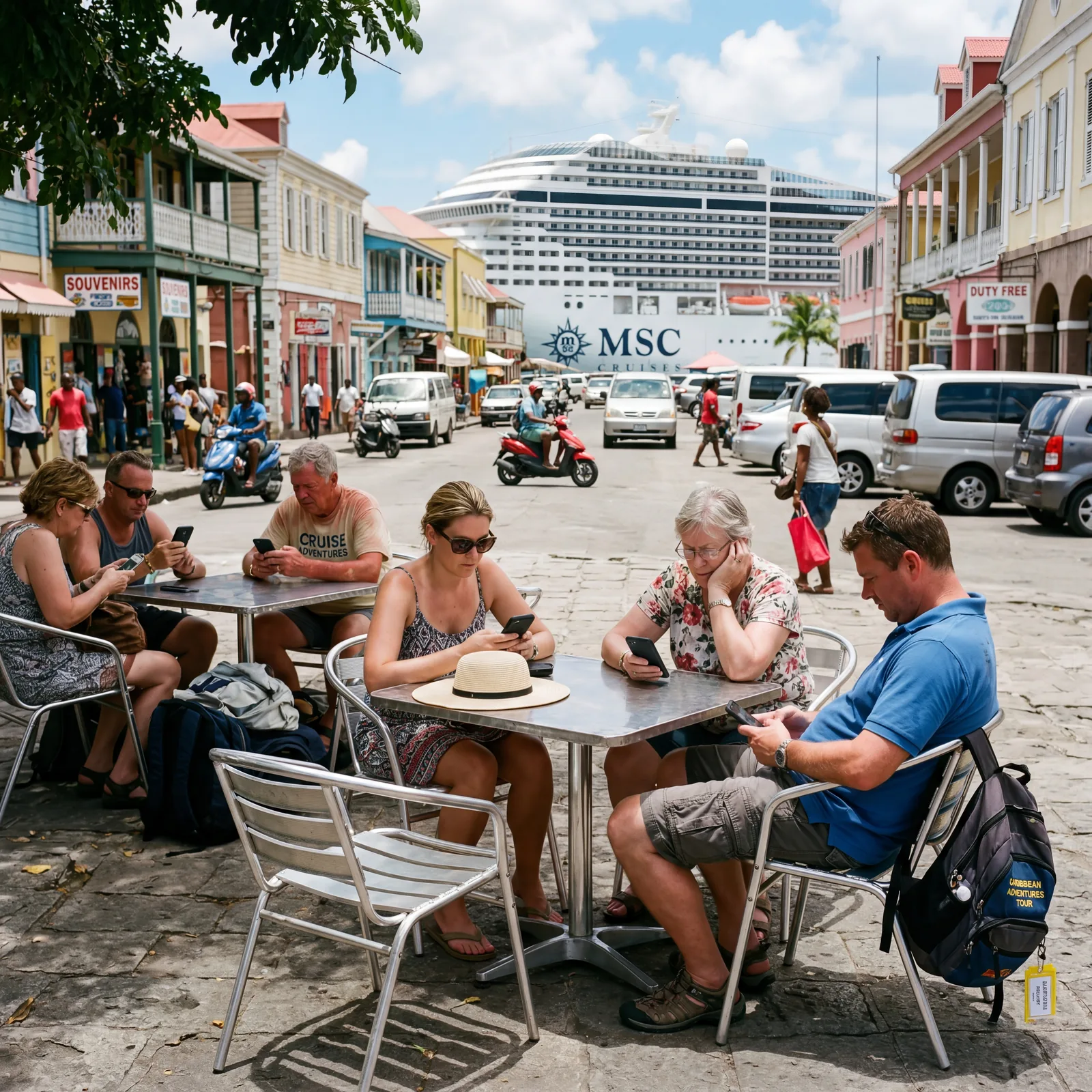 Bored cruise passengers sitting in a hot port town square after their 2-hour excursion ended with 3 hours left before boarding, looking at phones, editorial travel photography, photorealistic, no text, no watermark, 16:9