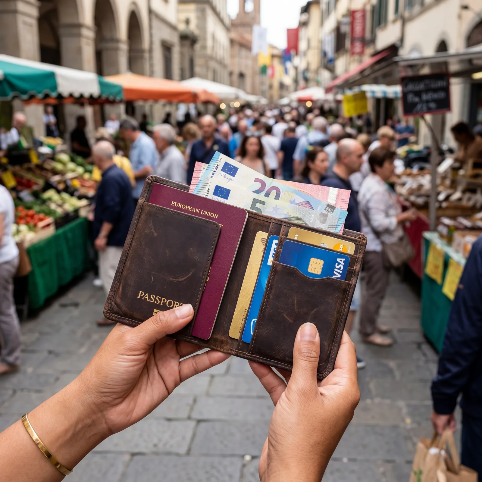 Close-up of a slim RFID-blocking passport wallet with passport, cards, and cash tucked inside, held in hands in a busy European market, photorealistic, editorial travel photography, no text, no watermark, 16:9