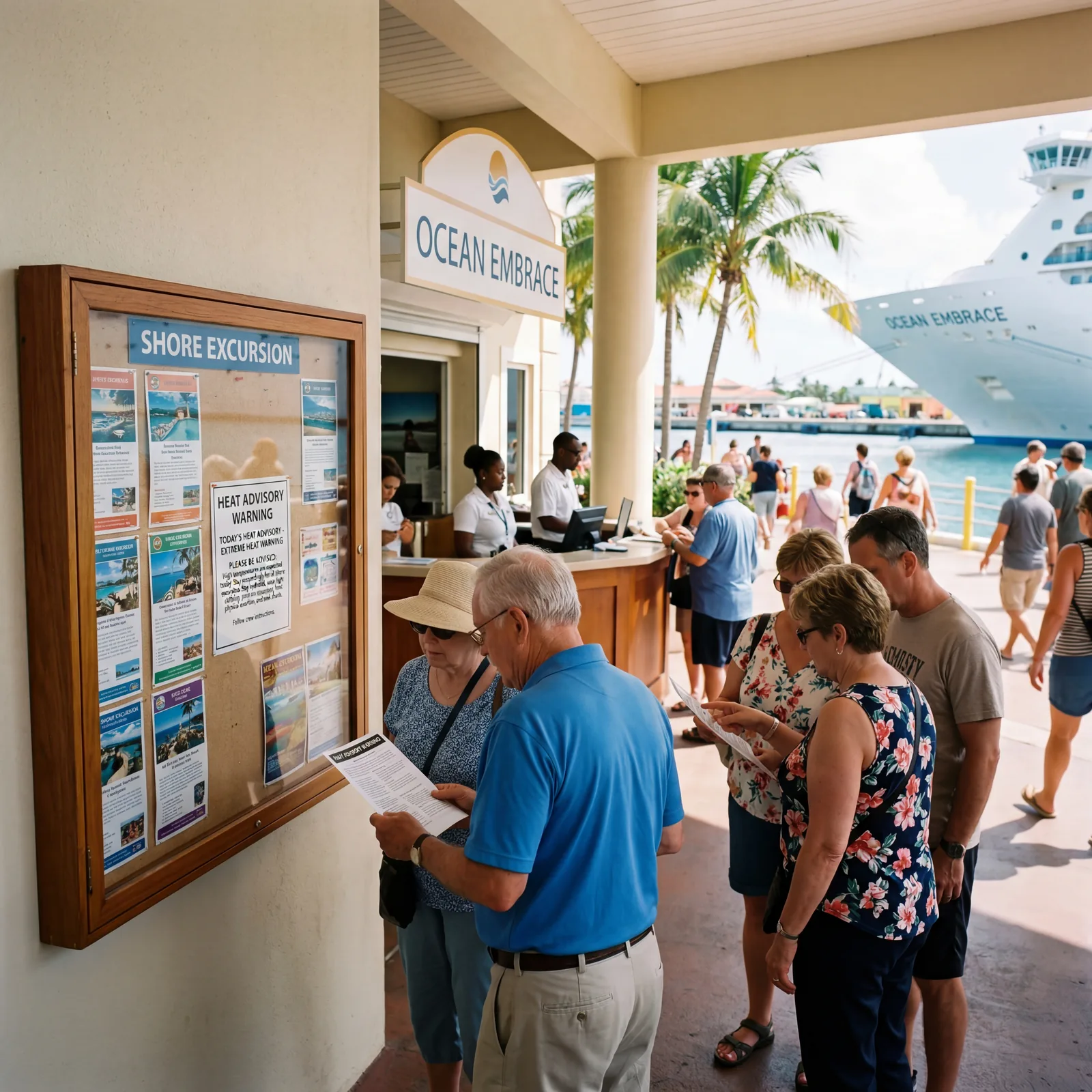 Cruise ship shore excursion board showing a heat advisory warning notice posted outside the excursion desk, passengers reading it, photorealistic, editorial travel photography, no text, no watermark, 16:9