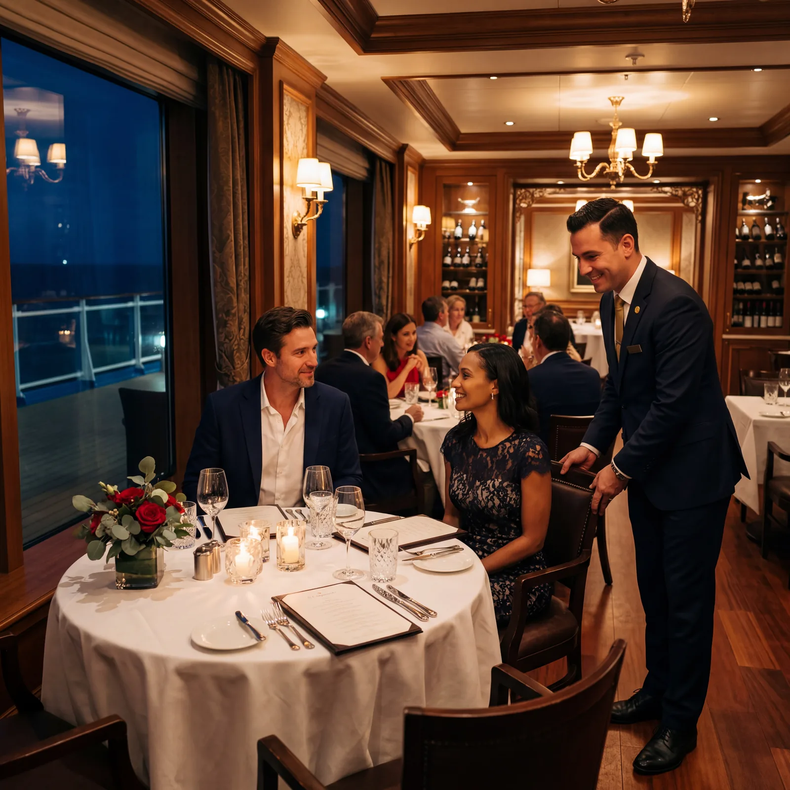 Cruise ship specialty Italian restaurant, intimate atmosphere, romantic lighting, guests being seated by maître d', photorealistic, no text, no watermark, 16:9