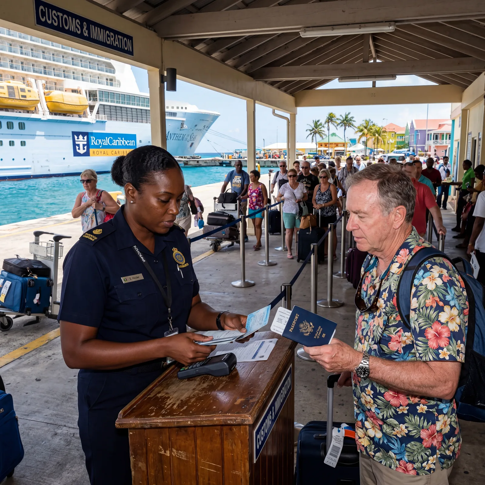 customs officer at a Caribbean port checking cruise passenger documents, realistic travel documentary photography, no text, no watermark, 16:9