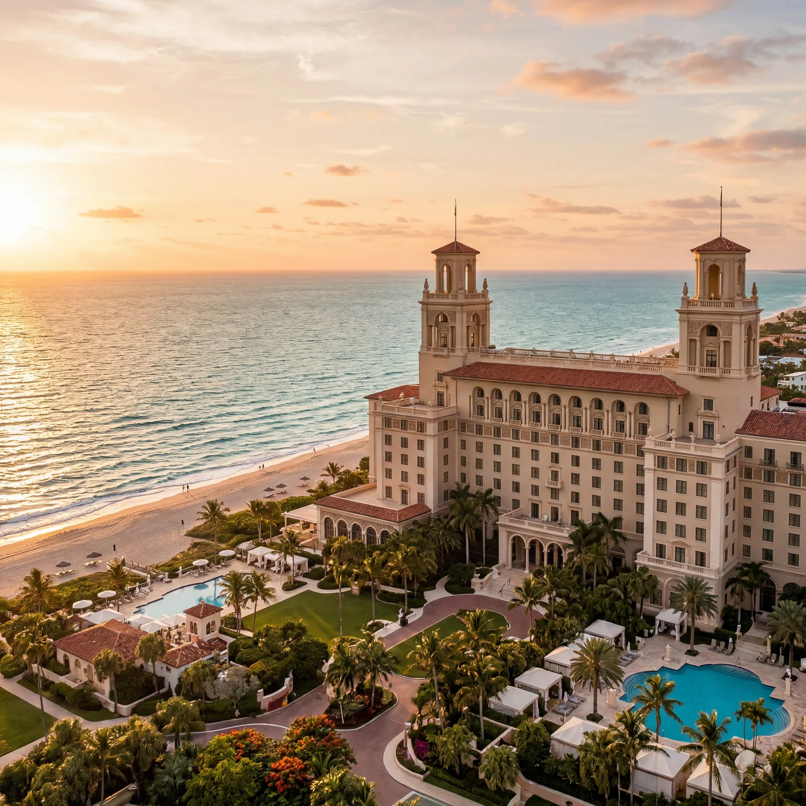 Grand Renaissance Revival Breakers Resort Hotel in Palm Beach Florida with twin towers and Atlantic Ocean views at golden hour, warm editorial travel photography, photorealistic, no text, no watermark, 16:9