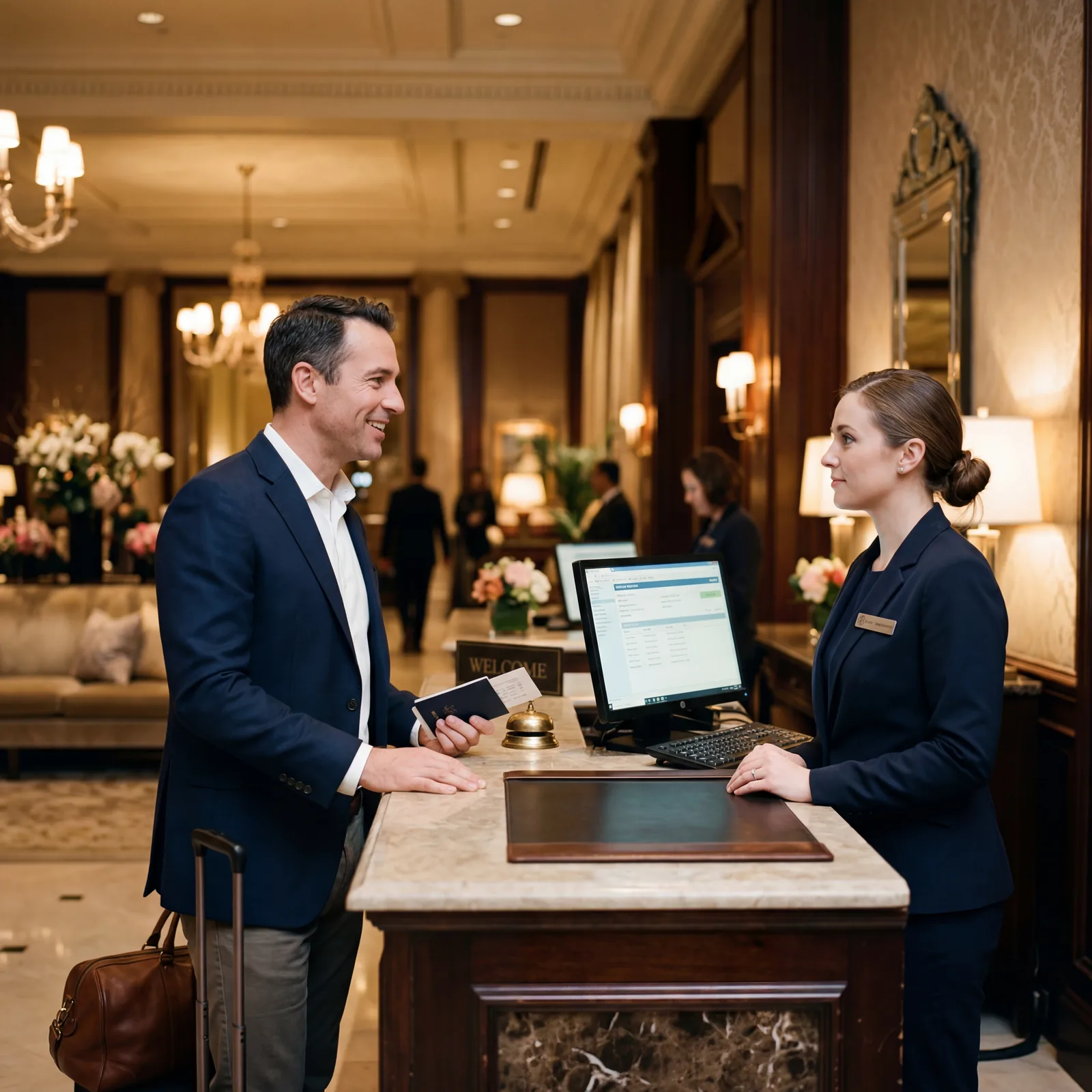 Hotel front desk, American guest confidently but politely asking about room upgrade options, staff considering the request, upscale hotel lobby, warm editorial travel photography, photorealistic, no text, no watermark, 16:9