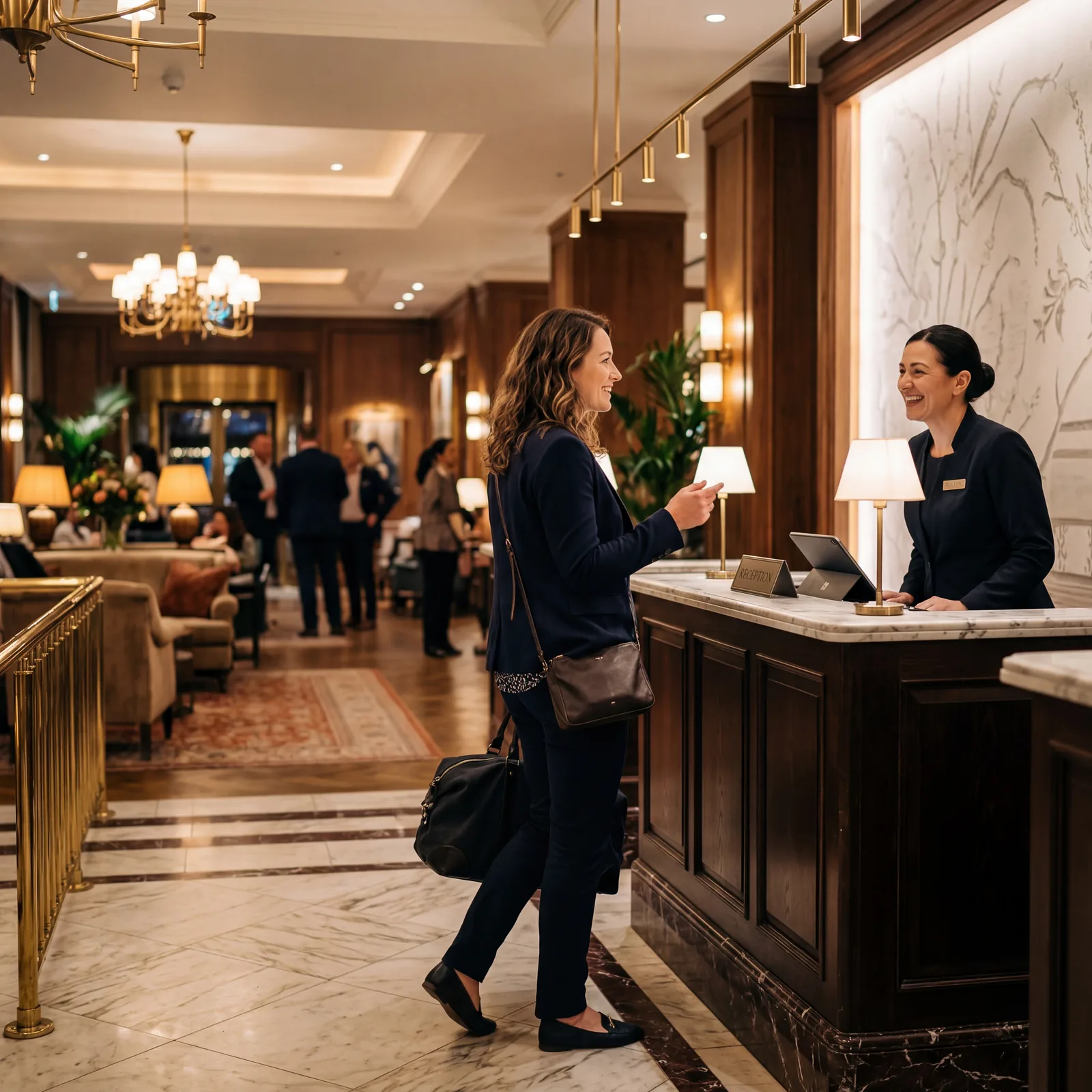 Hotel lobby, guest turning back to front desk to ask a question, staff member smiling and helpful, warm hotel lighting, editorial photography, photorealistic, no text, no watermark, 16:9