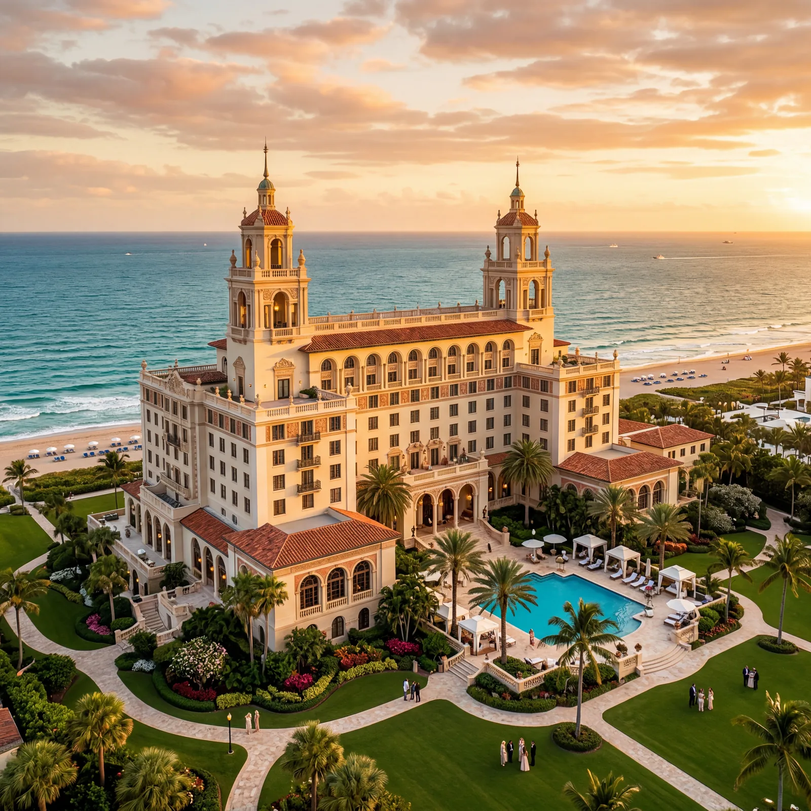 Magnificent Italian Renaissance resort hotel in Palm Beach Florida, twin towers, manicured oceanfront lawn, Atlantic Ocean behind, warm editorial travel photography, golden hour, photorealistic, no text, no watermark, 16:9