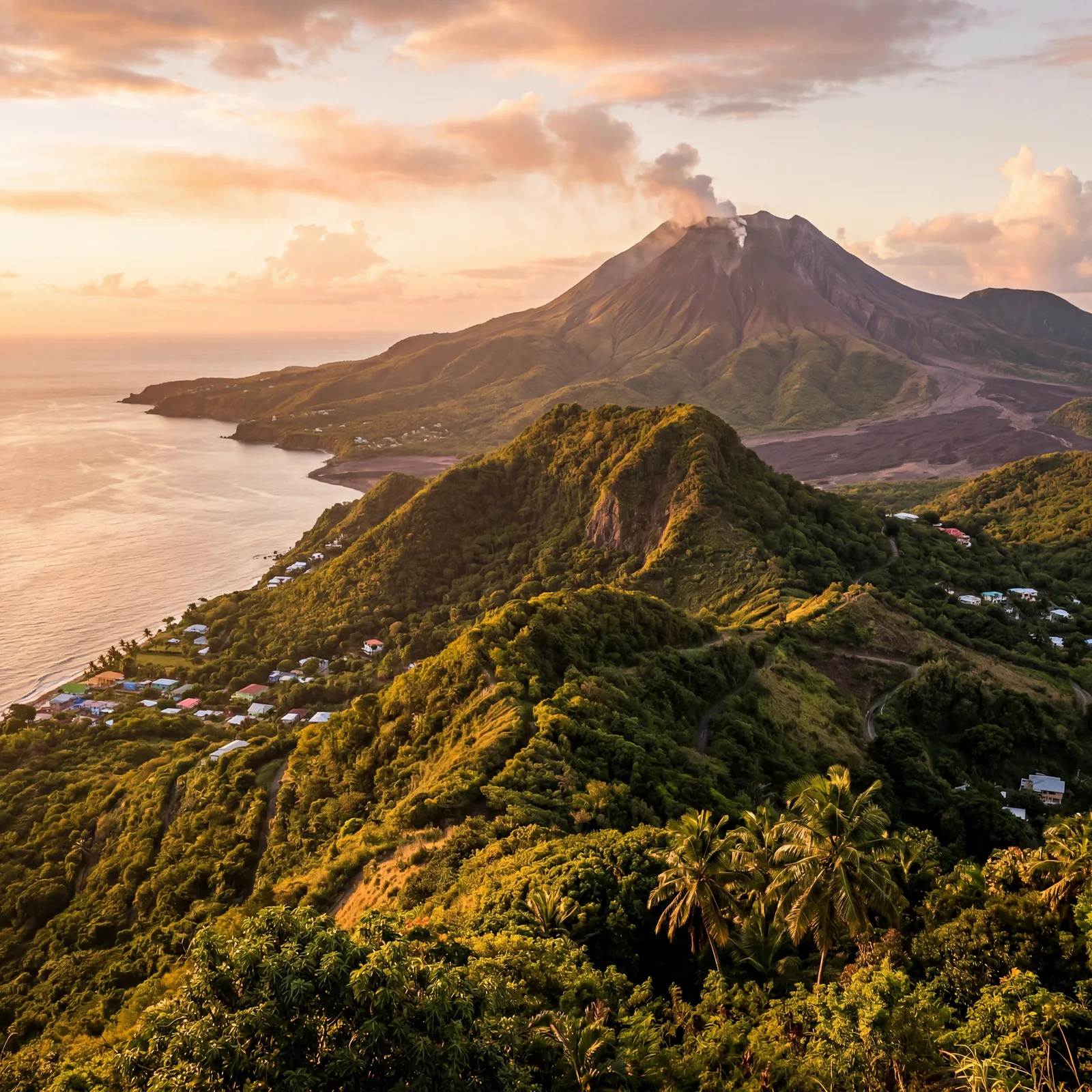 Montserrat Caribbean island with volcanic landscape and Soufriere Hills in background, photorealistic, warm editorial travel photography, golden hour, no text, no watermark, 16:9