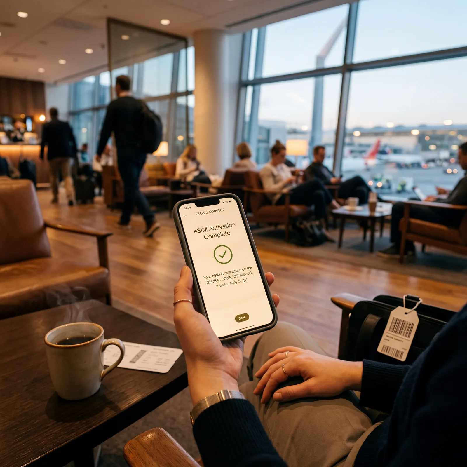 A smartphone screen showing an eSIM activation confirmation message, airport lounge in the background, photorealistic, warm editorial photography, no text, no watermark, 16:9