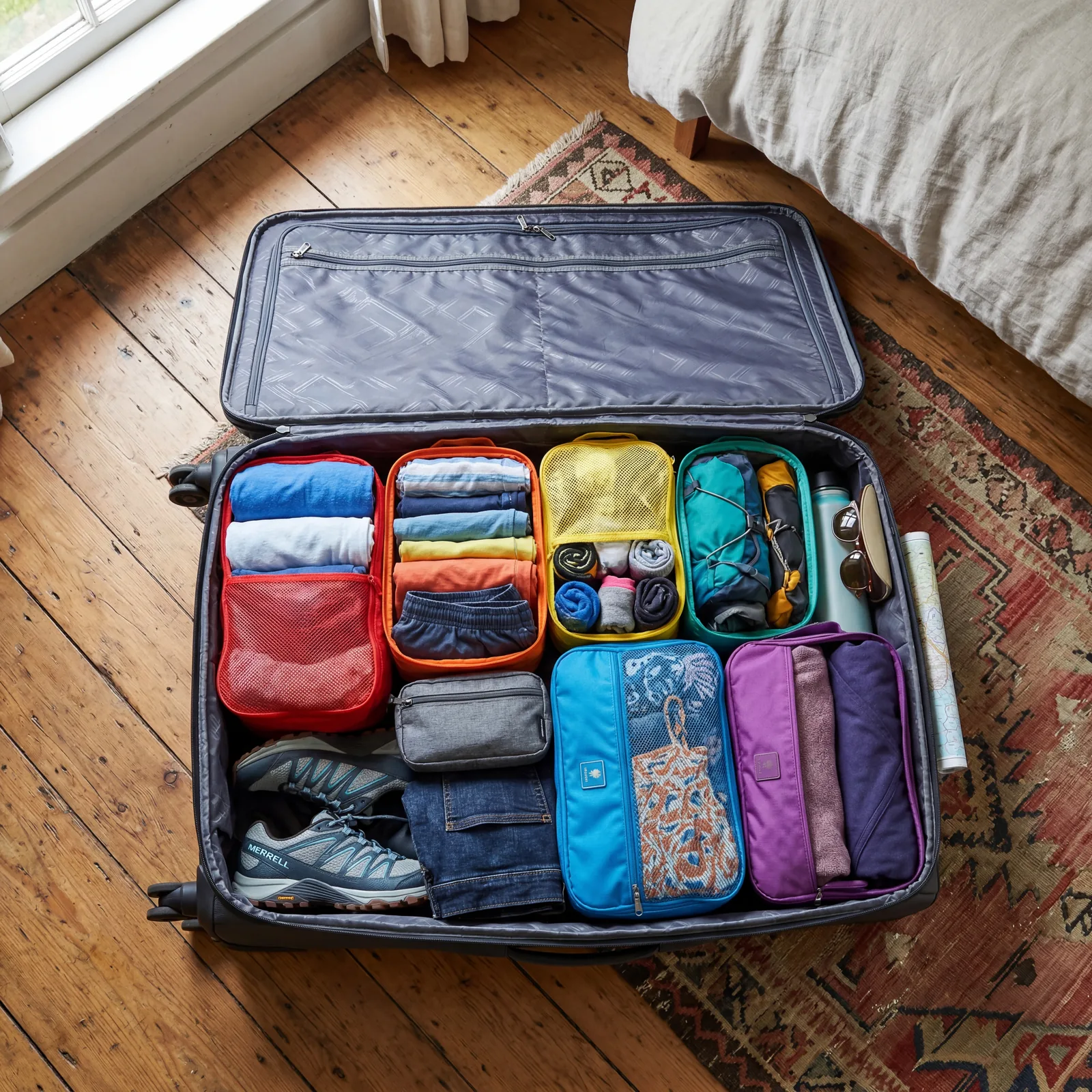 An open suitcase organized with brightly colored packing cubes, travel clothes visible, top-down view, photorealistic, no text, no watermark, 16:9