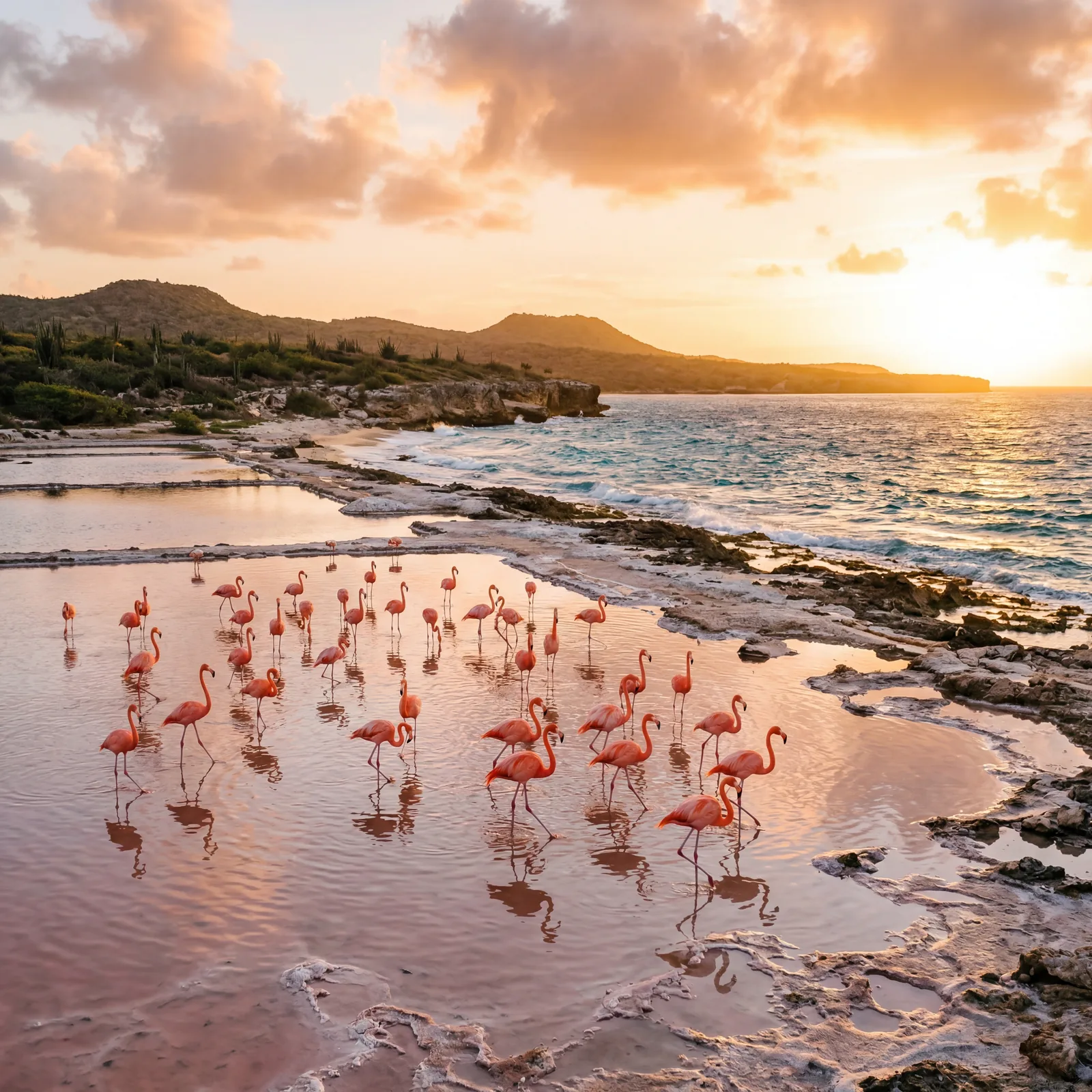 Bonaire Dutch Caribbean coastline with pink flamingos near shallow salt flats, photorealistic, warm editorial travel photography, golden hour, no text, no watermark, 16:9
