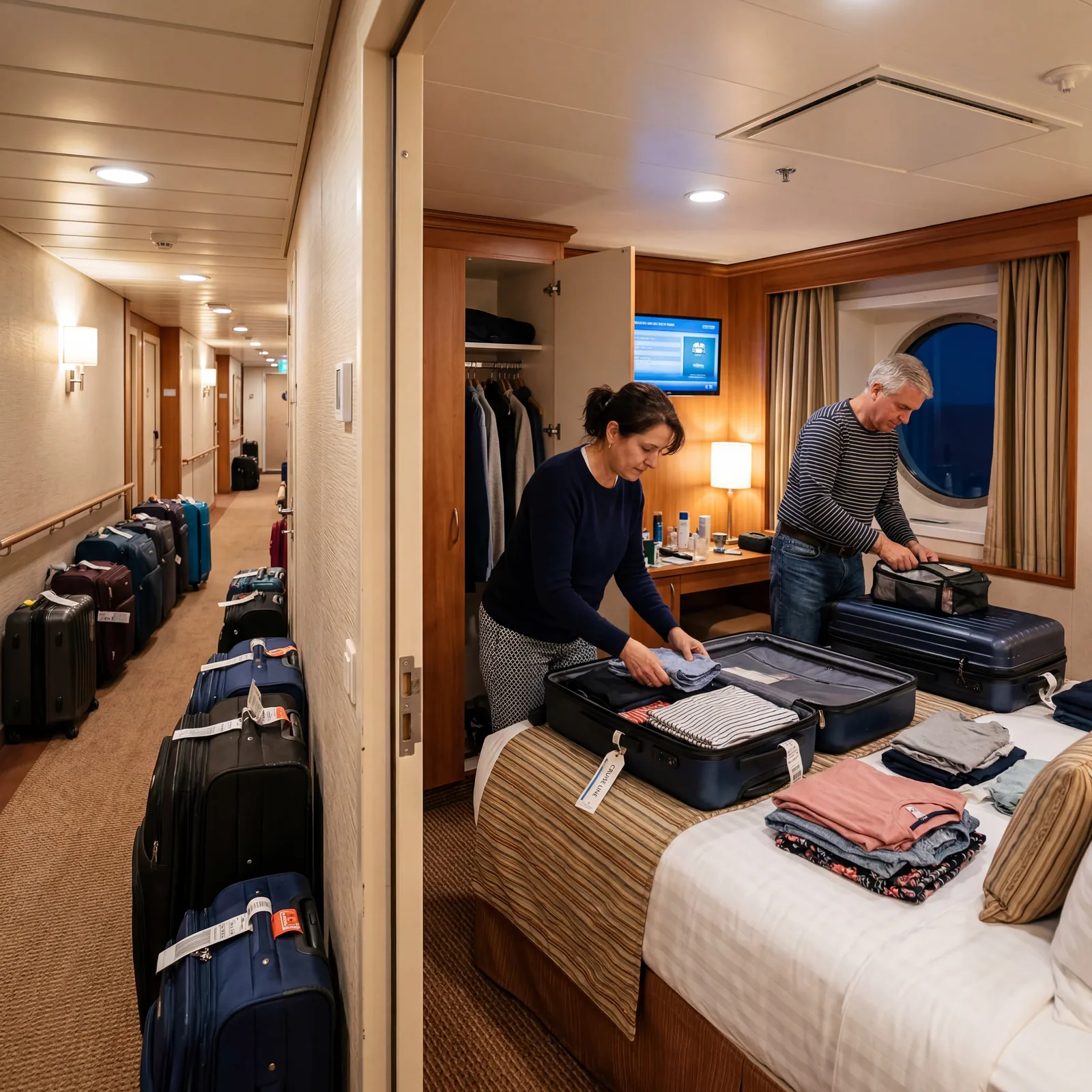 Cruise passengers packing suitcases in their cabin on the final night of a cruise, corridor visible outside with luggage, travel photography, photorealistic, no text, no watermark, 16:9