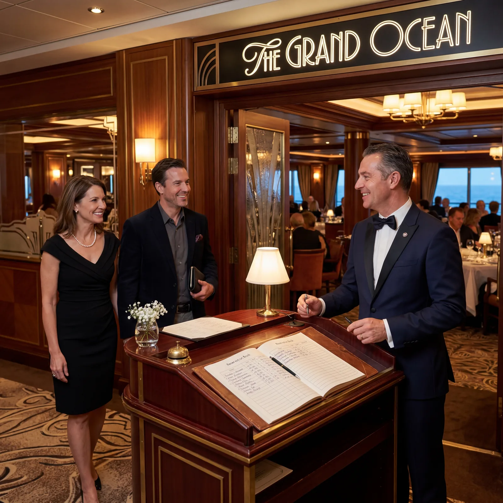 Cruise ship specialty restaurant host stand, elegantly dressed maître d' greeting guests, reservation book visible, upscale entrance, photorealistic, no text, no watermark, 16:9