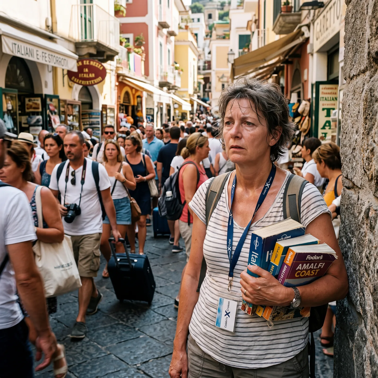 Exhausted cruise tourist looking overwhelmed and sweaty at a crowded Mediterranean town, three guidebooks in hand, photorealistic, editorial travel photography, no text, no watermark, 16:9