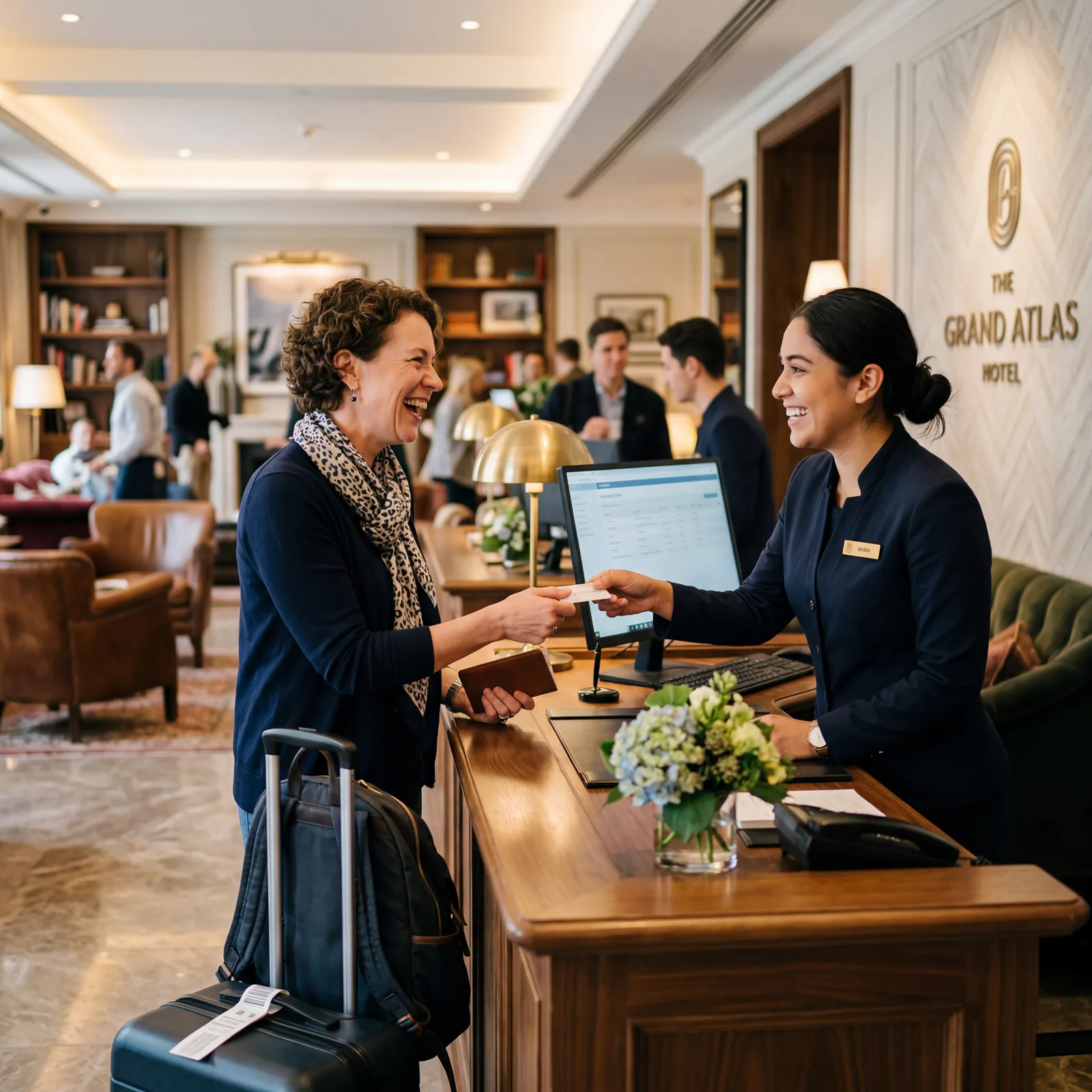 Hotel check-in counter, genuine smile exchange between American guest and front desk staff member, warm hotel lobby, warm editorial travel photography, photorealistic, no text, no watermark, 16:9