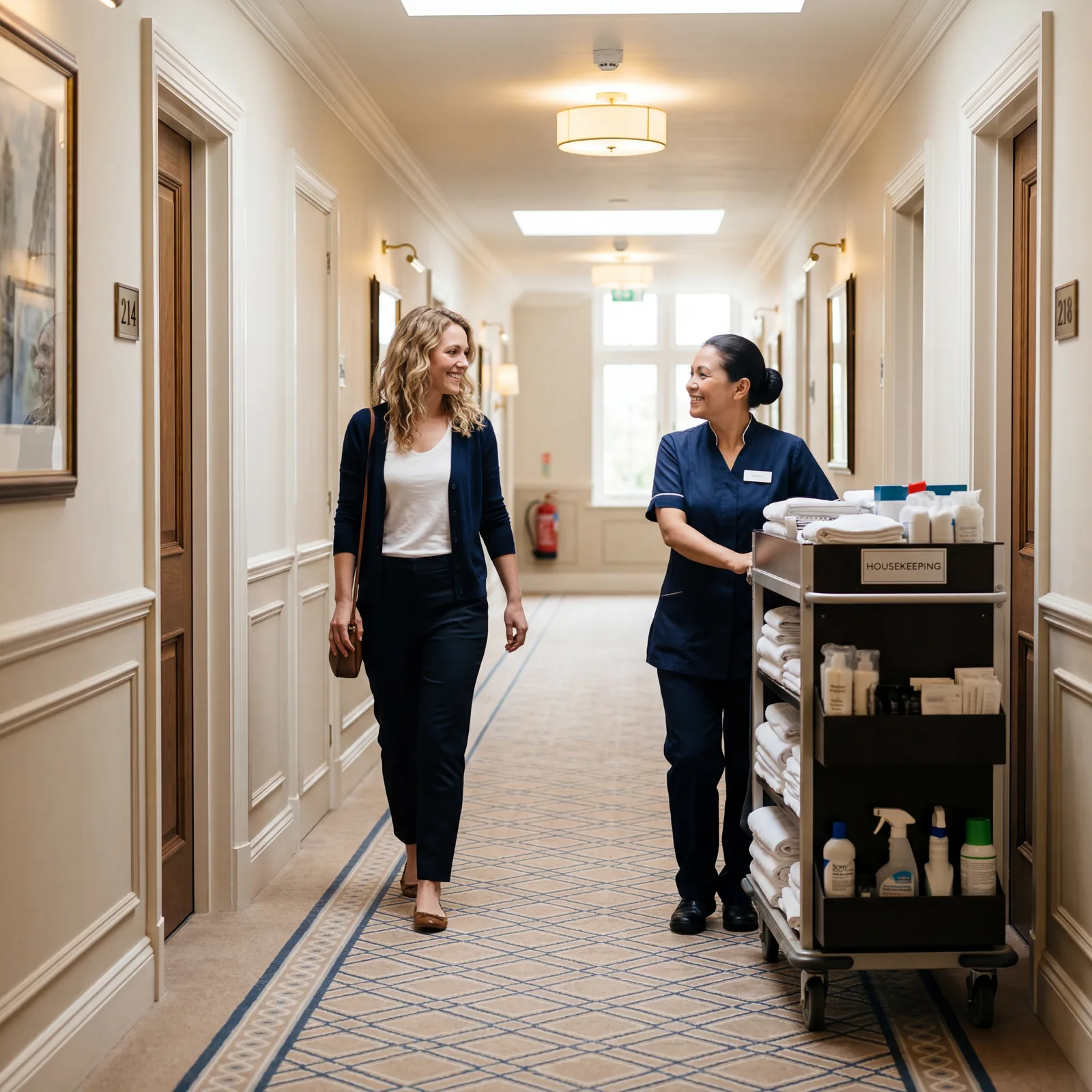 Hotel corridor, guest nodding and smiling at passing housekeeping staff member, clean hotel hallway, editorial photography, photorealistic, no text, no watermark, 16:9