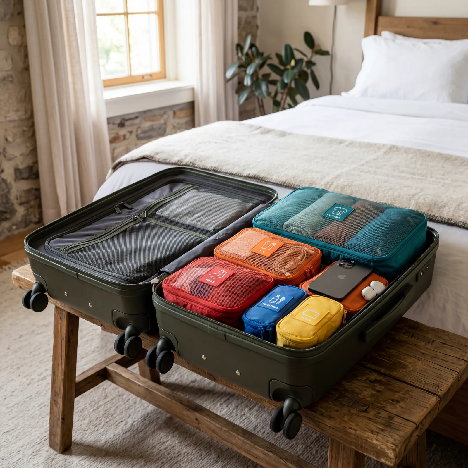 Open carry-on suitcase with neatly organized packing cubes in different colors, each labeled for clothing, tech, and toiletries, photorealistic, editorial travel photography, no text, no watermark, 16:9