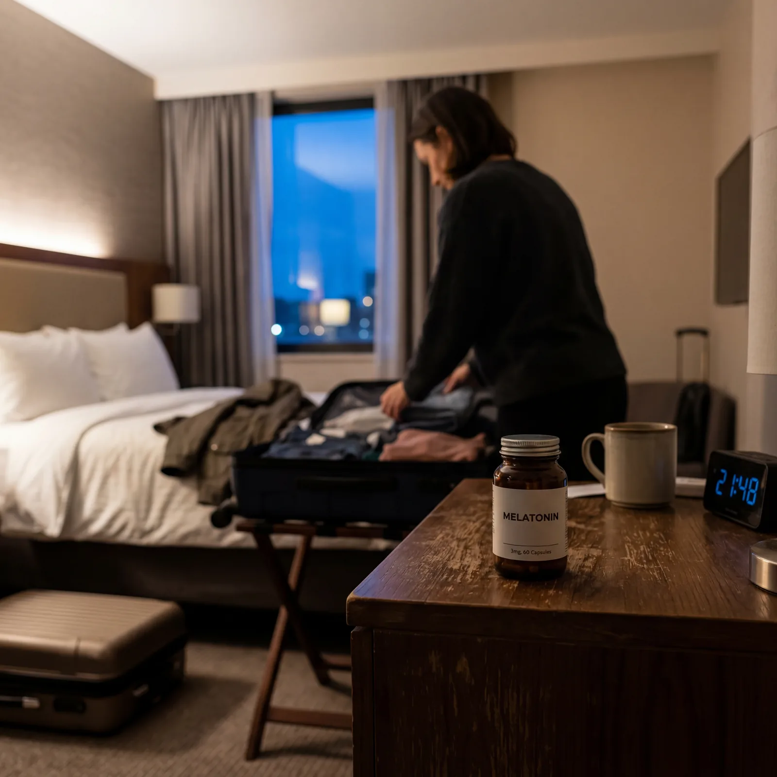 Small bottle of melatonin supplements on a hotel nightstand with soft blue evening light, traveler unpacking in background, photorealistic, no text, no watermark, 16:9