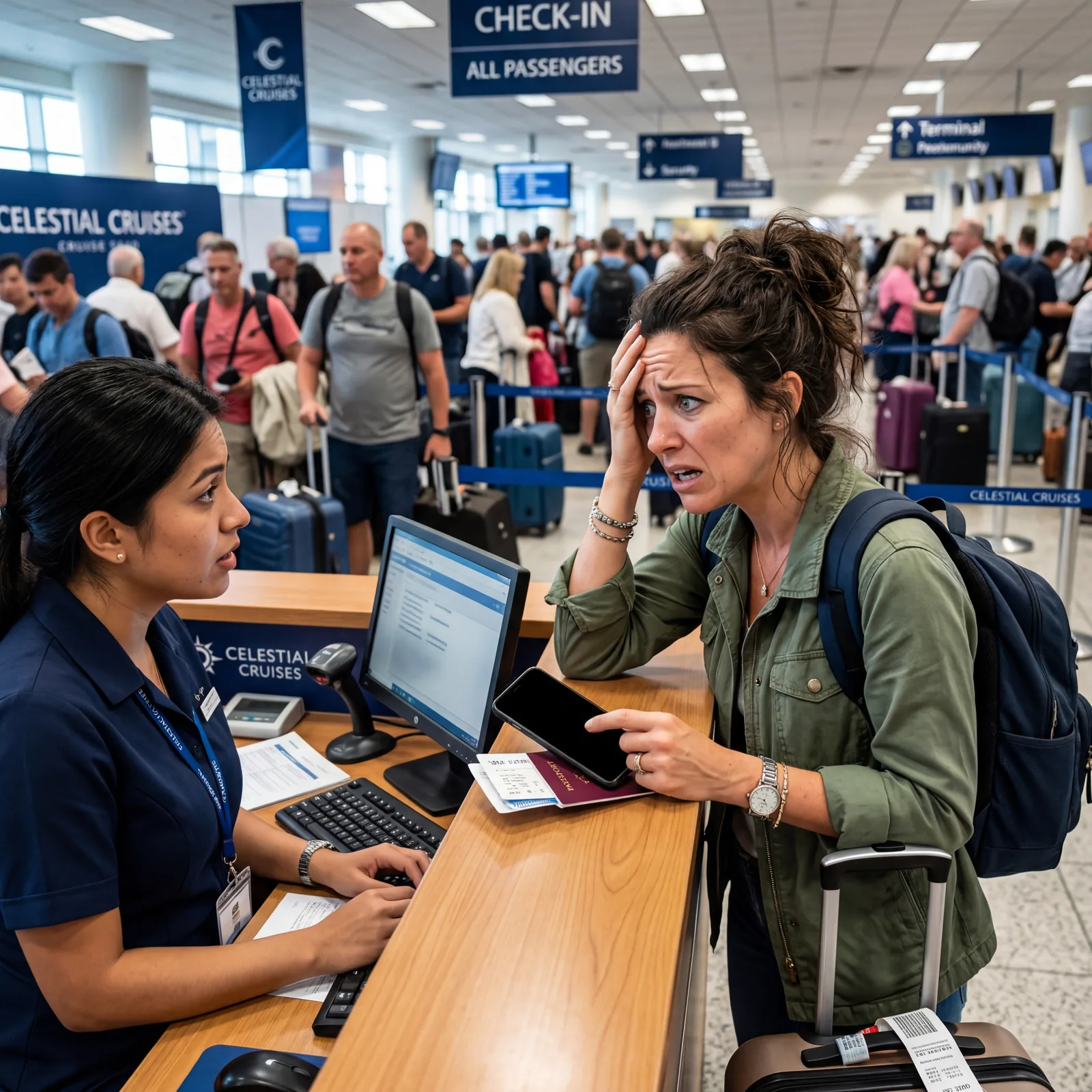 traveler with dead phone at cruise ship check-in counter looking panicked, realistic travel photography, busy terminal background, no text, no watermark, 16:9