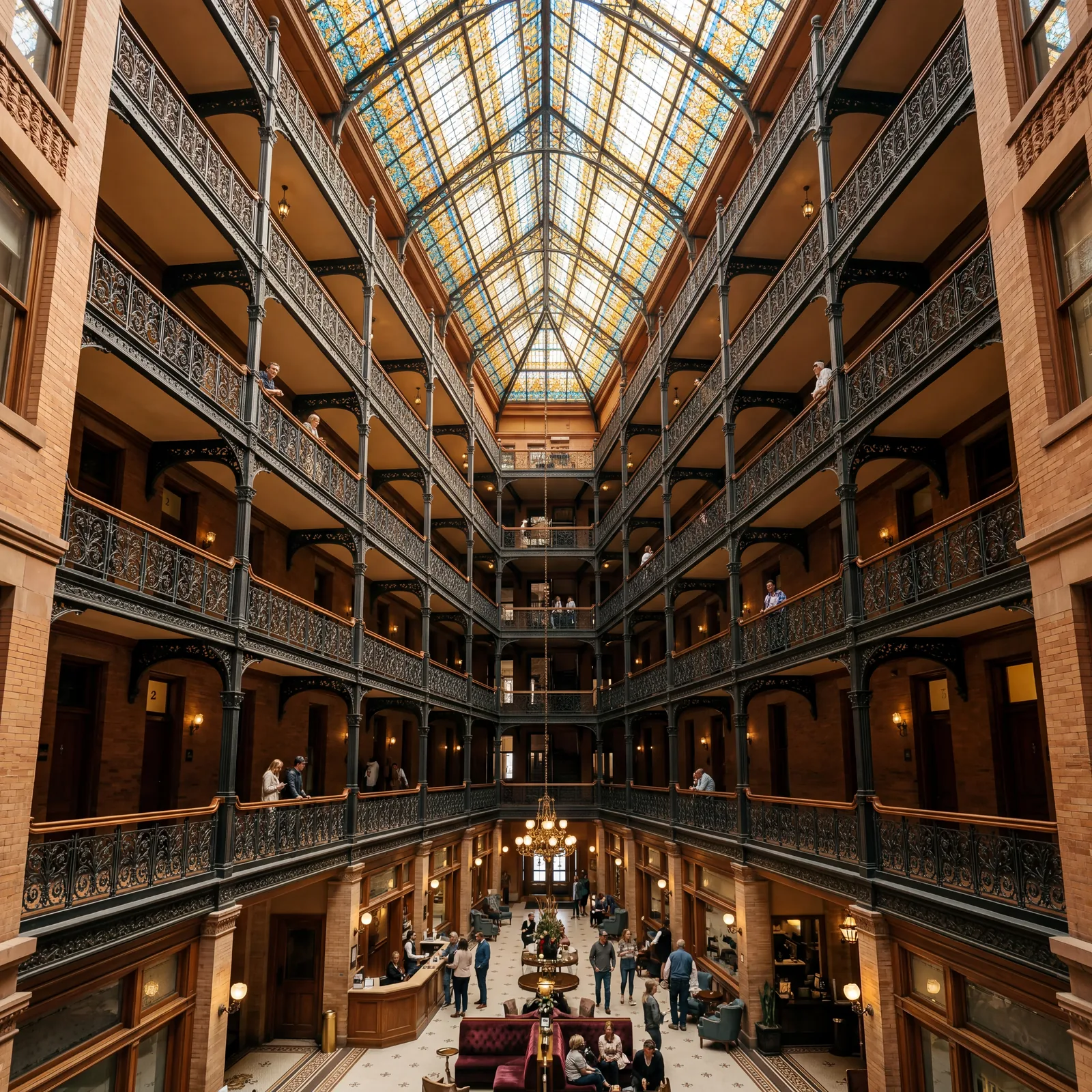 Triangular Victorian hotel atrium interior in Denver Colorado, nine stories of ornate iron balconies rising to a stained glass ceiling, warm editorial travel photography, photorealistic, no text, no watermark, 16:9