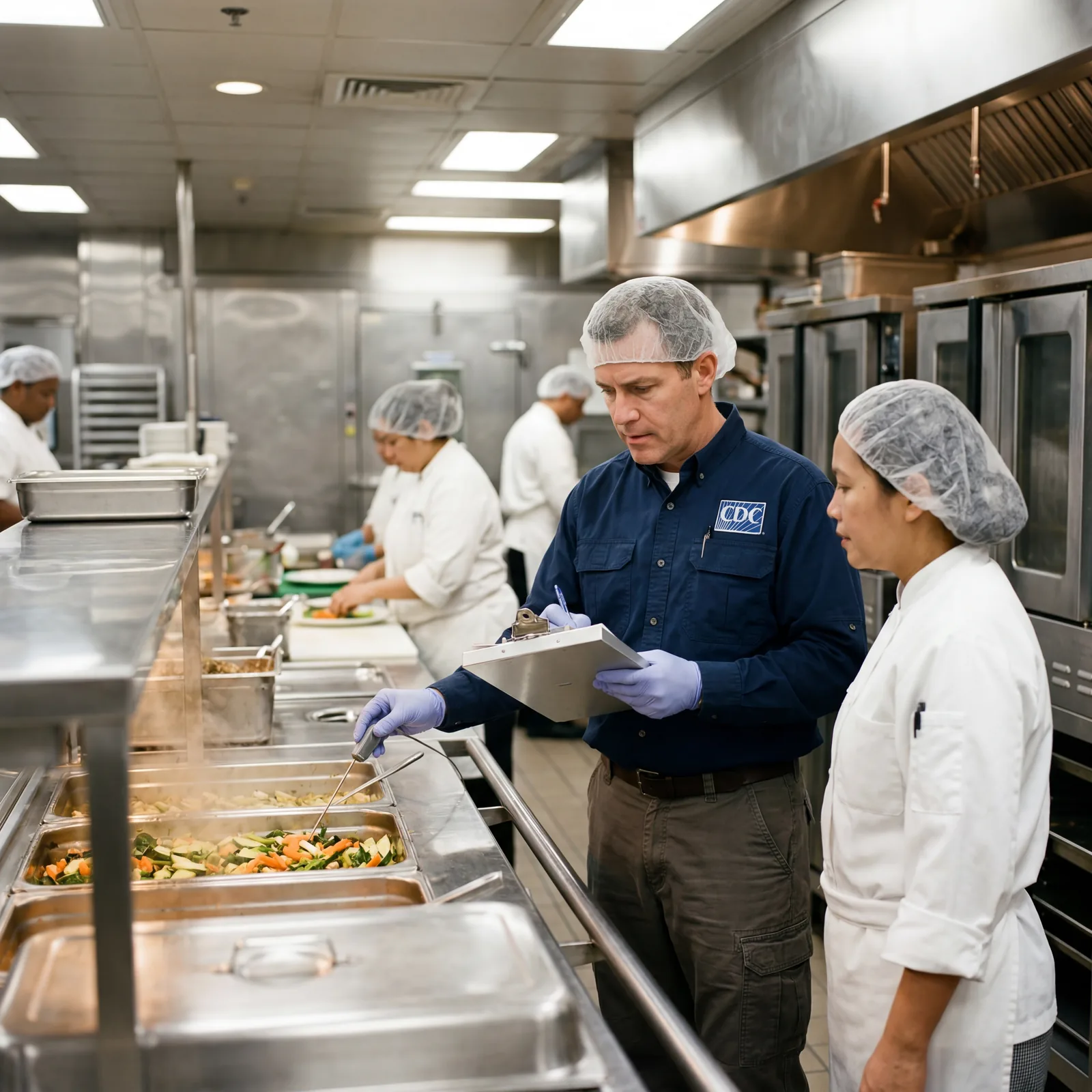US Centers for Disease Control inspector with clipboard conducting official food safety inspection of cruise ship galley, stainless steel kitchen, photorealistic, documentary style, no text, no watermark, 16:9