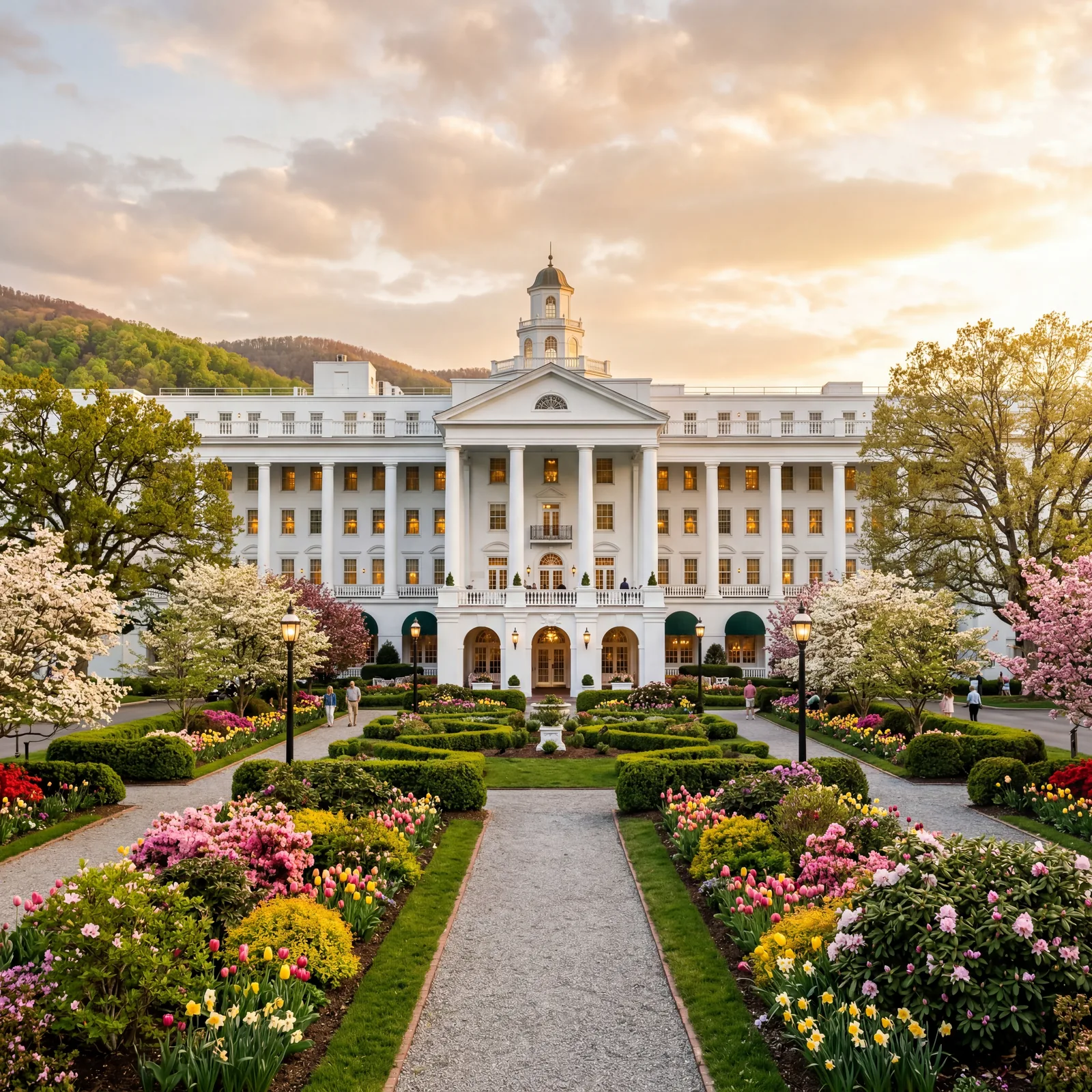 White columned grand resort hotel The Greenbrier in West Virginia with manicured formal gardens in full spring bloom, warm editorial travel photography, golden hour, photorealistic, no text, no watermark, 16:9