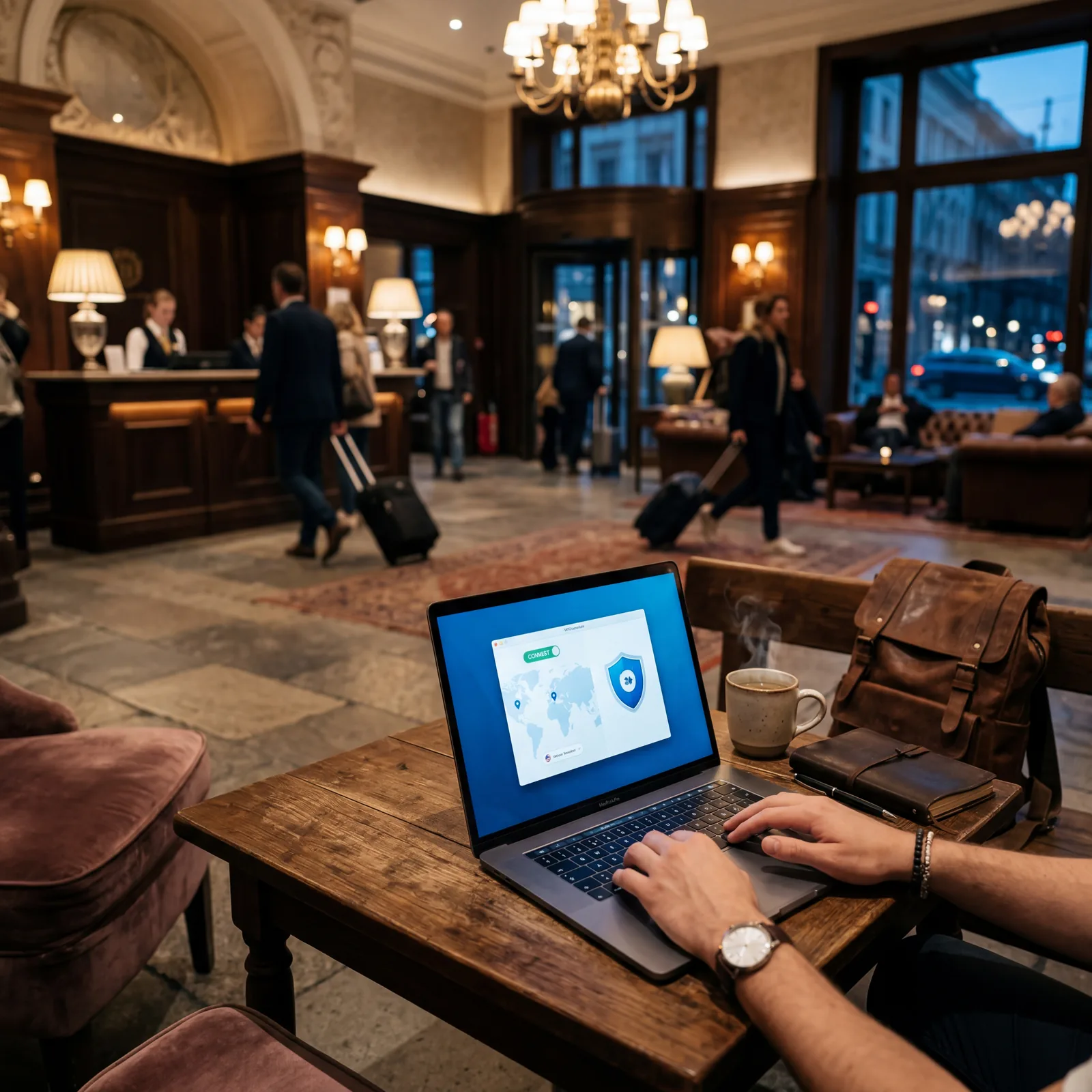 A laptop open to a VPN connection screen in a hotel lobby, travel setting, cinematic, photorealistic, no text, no watermark, 16:9