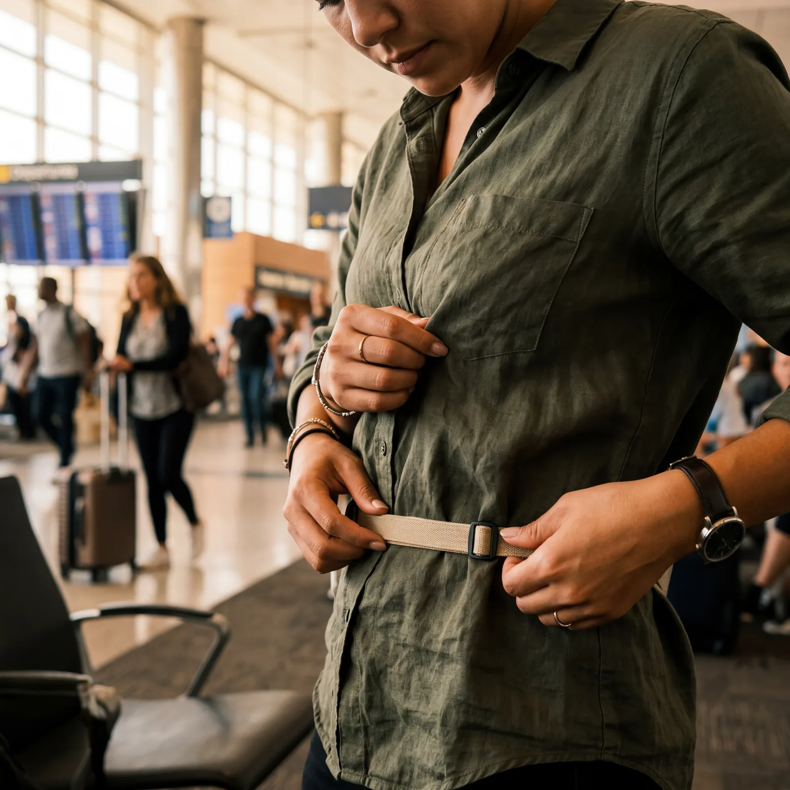 A traveler adjusting a slim beige money belt worn under a shirt at an airport, close-up on the belt, photorealistic, warm editorial travel photography, no text, no watermark, 16:9