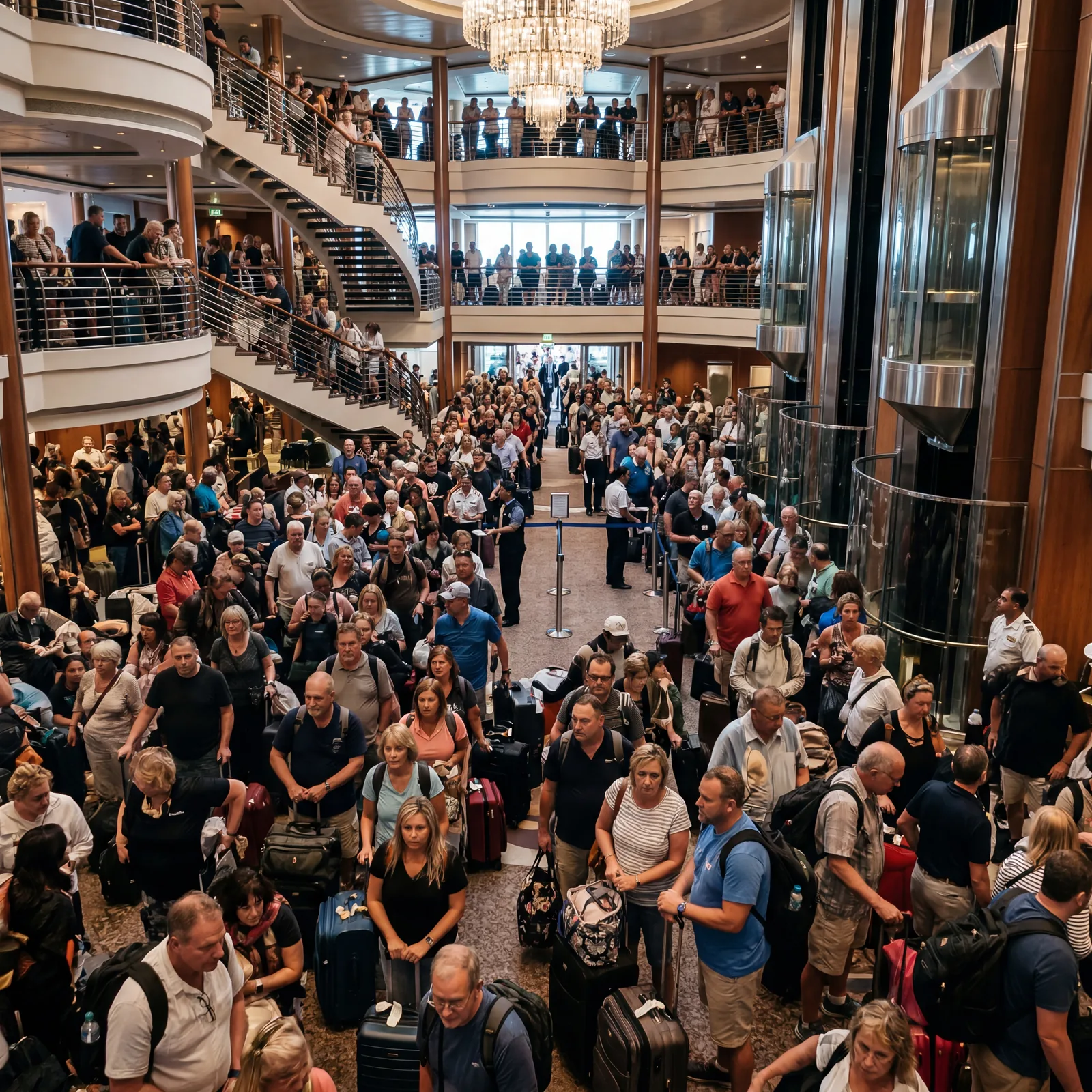 Chaotic cruise ship disembarkation with crowds in the atrium waiting with luggage, stressed passengers, wide angle, travel photography, photorealistic, no text, no watermark, 16:9