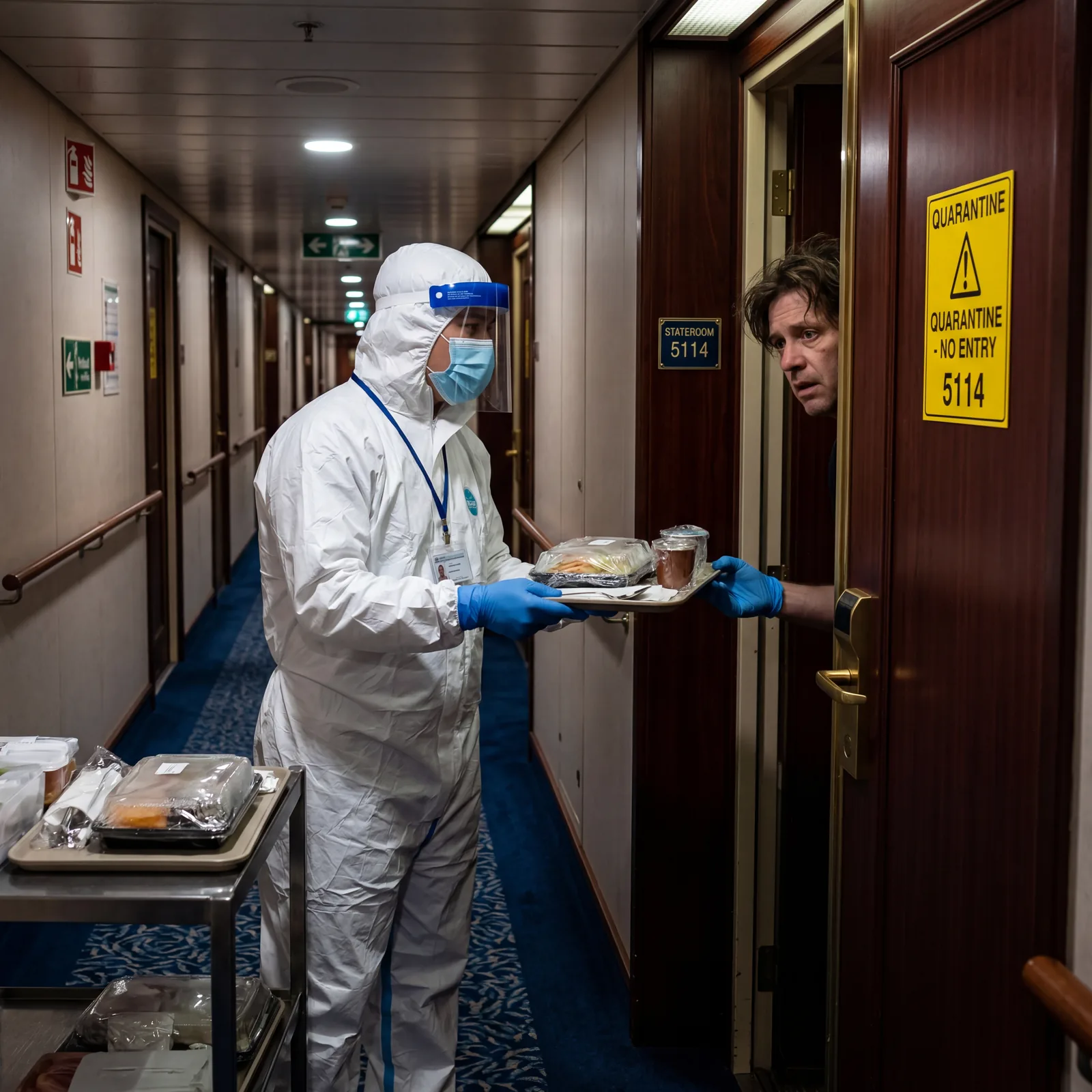 Cruise ship corridor with isolated cabin, crew member in protective gear delivering meal tray to quarantined passenger, serious atmosphere, photorealistic, no text, no watermark, 16:9