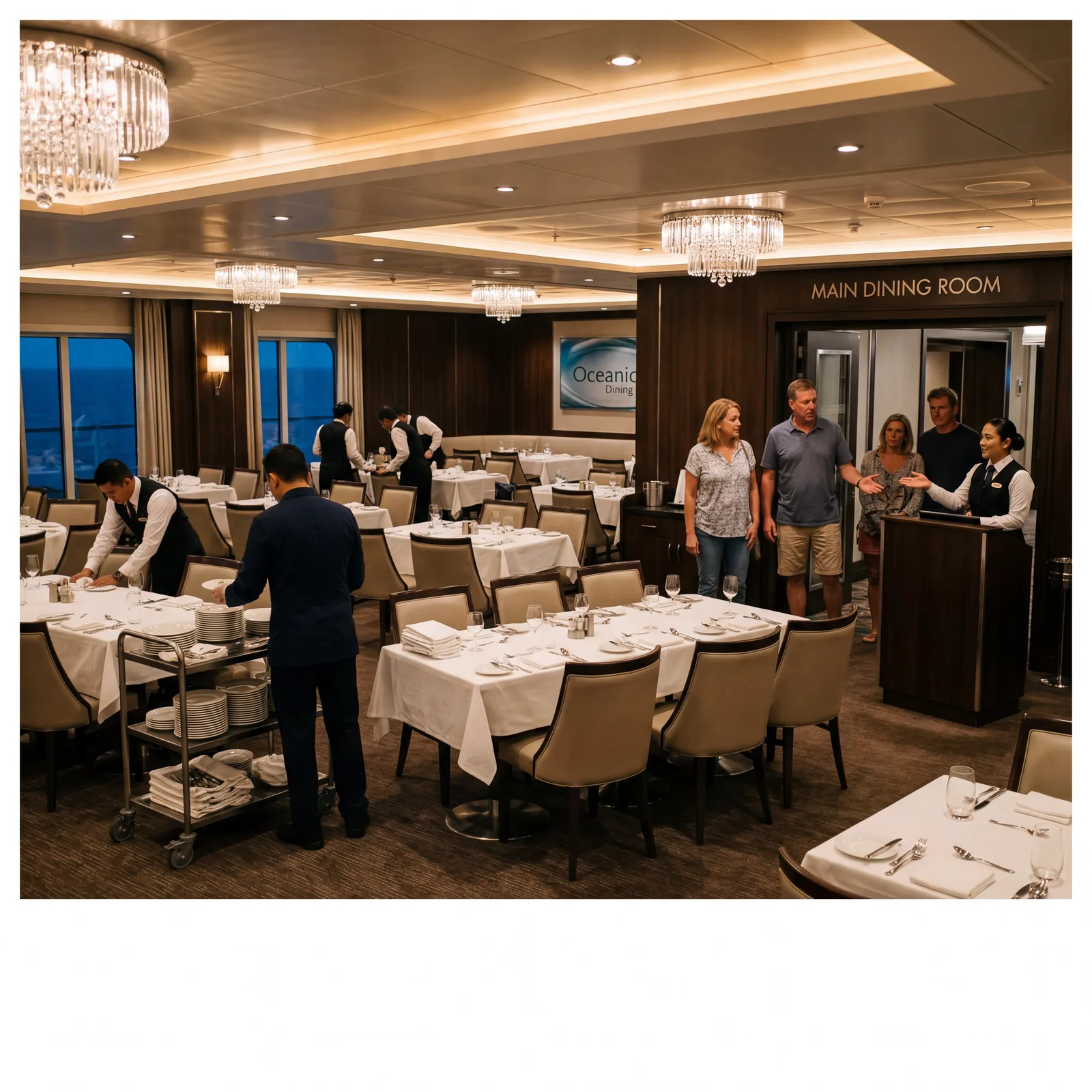 cruise ship main dining room with empty tables being cleared while late arrivals look confused at the entrance, realistic editorial travel photography, warm lighting, no text, no watermark, 16:9