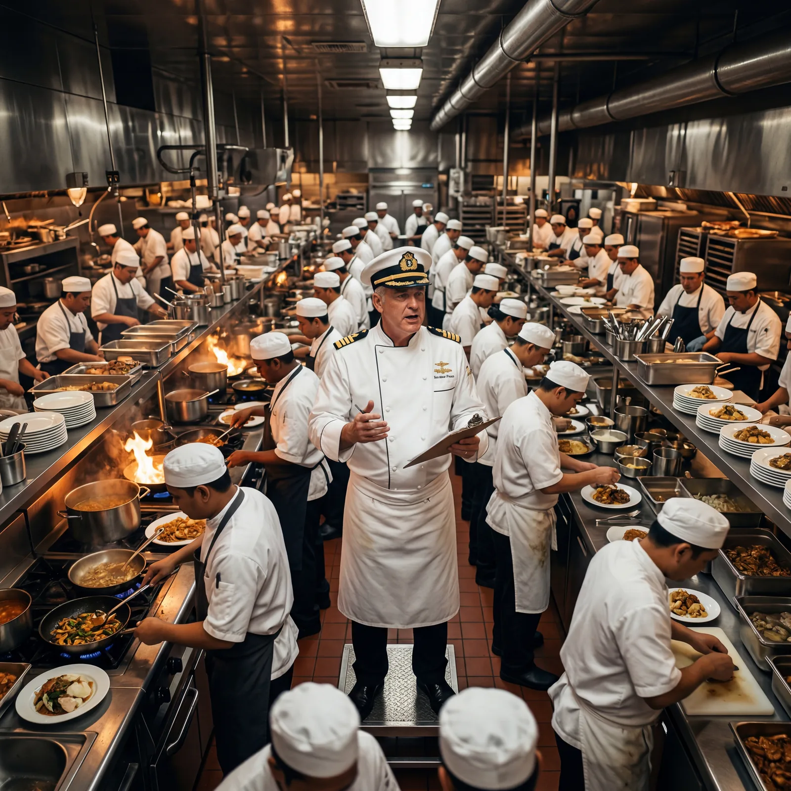 Executive head chef of a cruise ship standing in the main galley surrounded by brigade of 80 cooks, commanding presence, photorealistic, cinematic lighting, no text, no watermark, 16:9