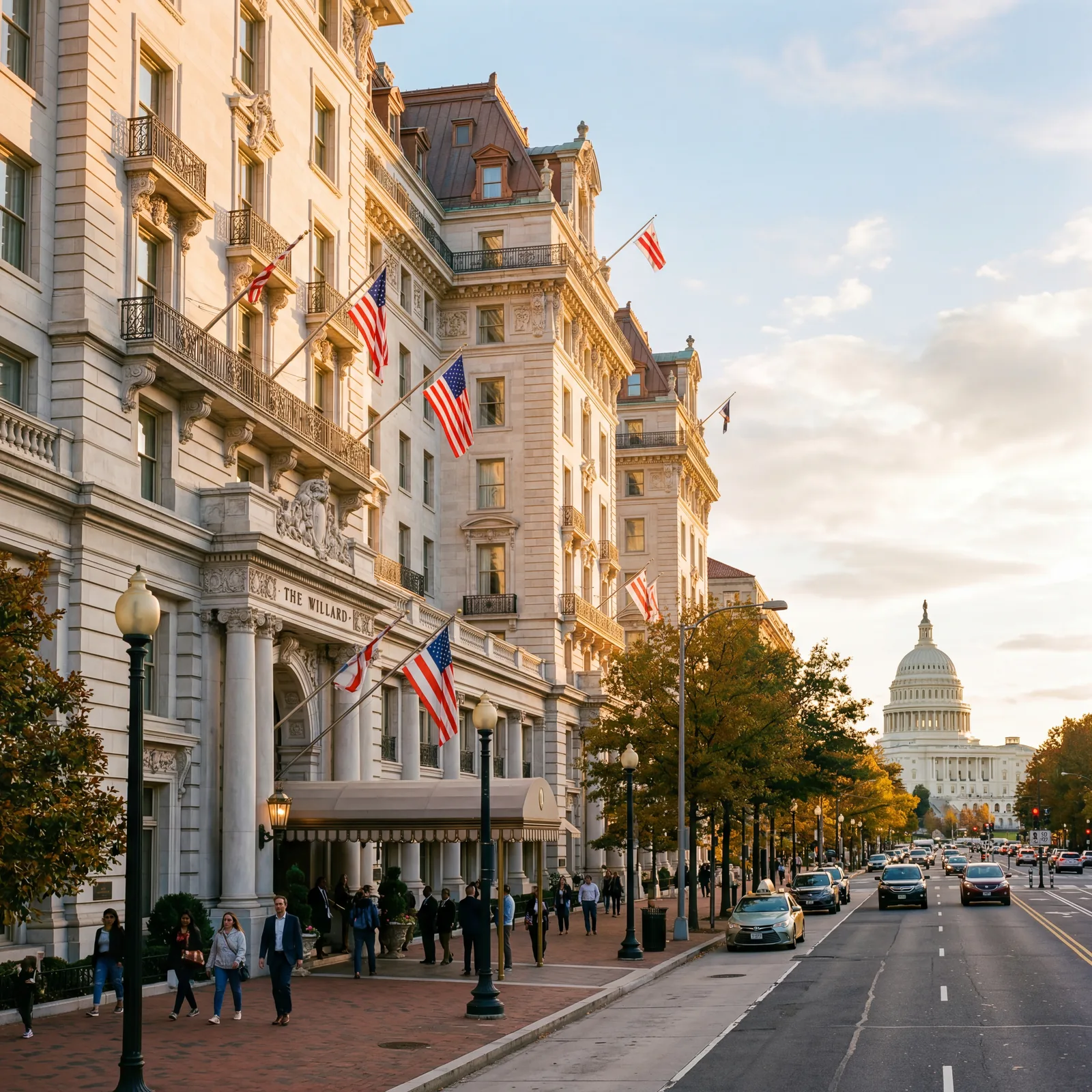 Grand Beaux-Arts hotel facade on Pennsylvania Avenue in Washington DC, ornate white stone exterior glowing in late afternoon sun, US Capitol visible in the distance, warm editorial travel photography, golden hour, photorealistic, no text, no watermark, 16:9